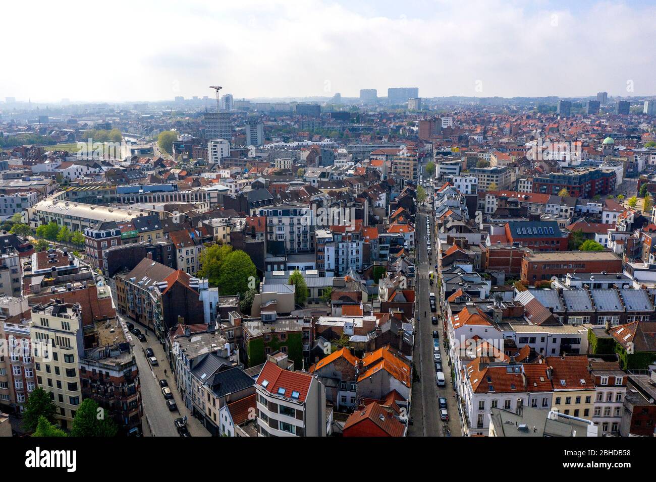 Brussels, Belgium - April 18, 2020 -Aerial view on Quai aux Briques and Sainte-Catherine Church, old and popular quater in Brussels, View During confi Stock Photo