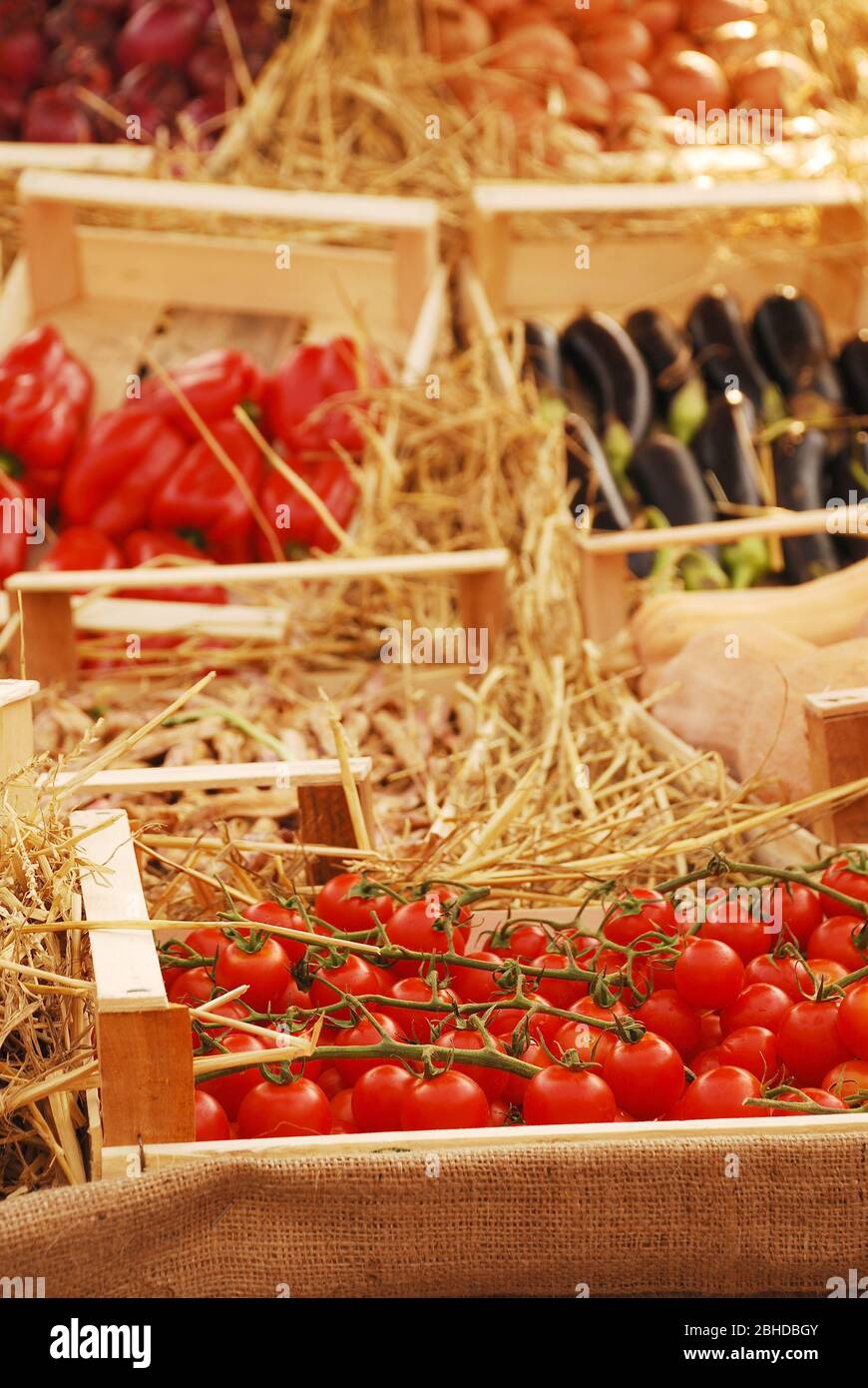 A box of cherry tomatoes in the foreground of a display of locally grown fruit and vegetables during the 2011 annual Friuli Doc (Udine) Stock Photo