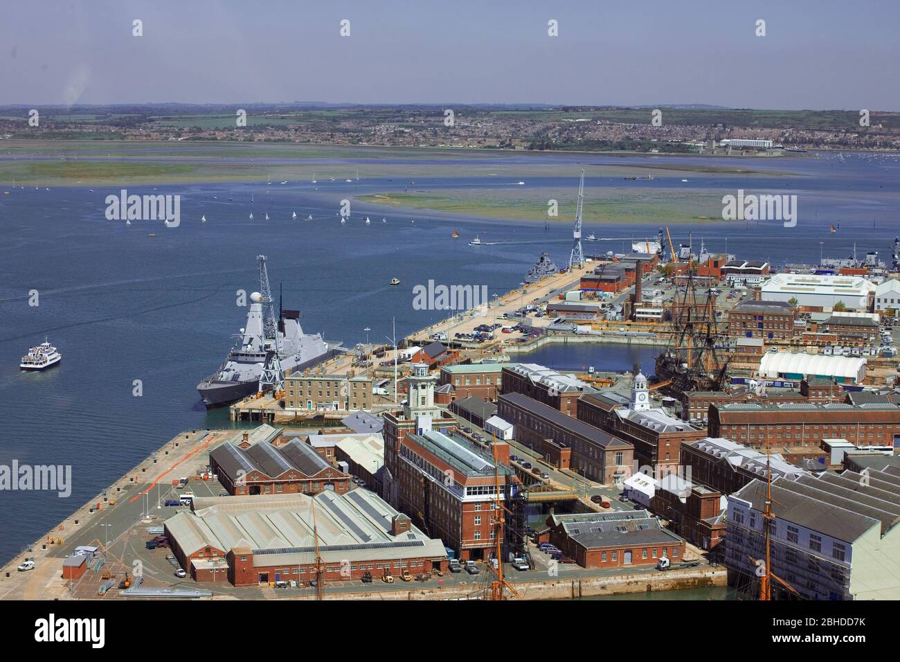 View of Portsmouth Harbour and H.M. Dockyard from the viewing platform, Spinnaker Tower, Gunwharf Quays, Portsmouth, Hampshire, England, UK Stock Photo