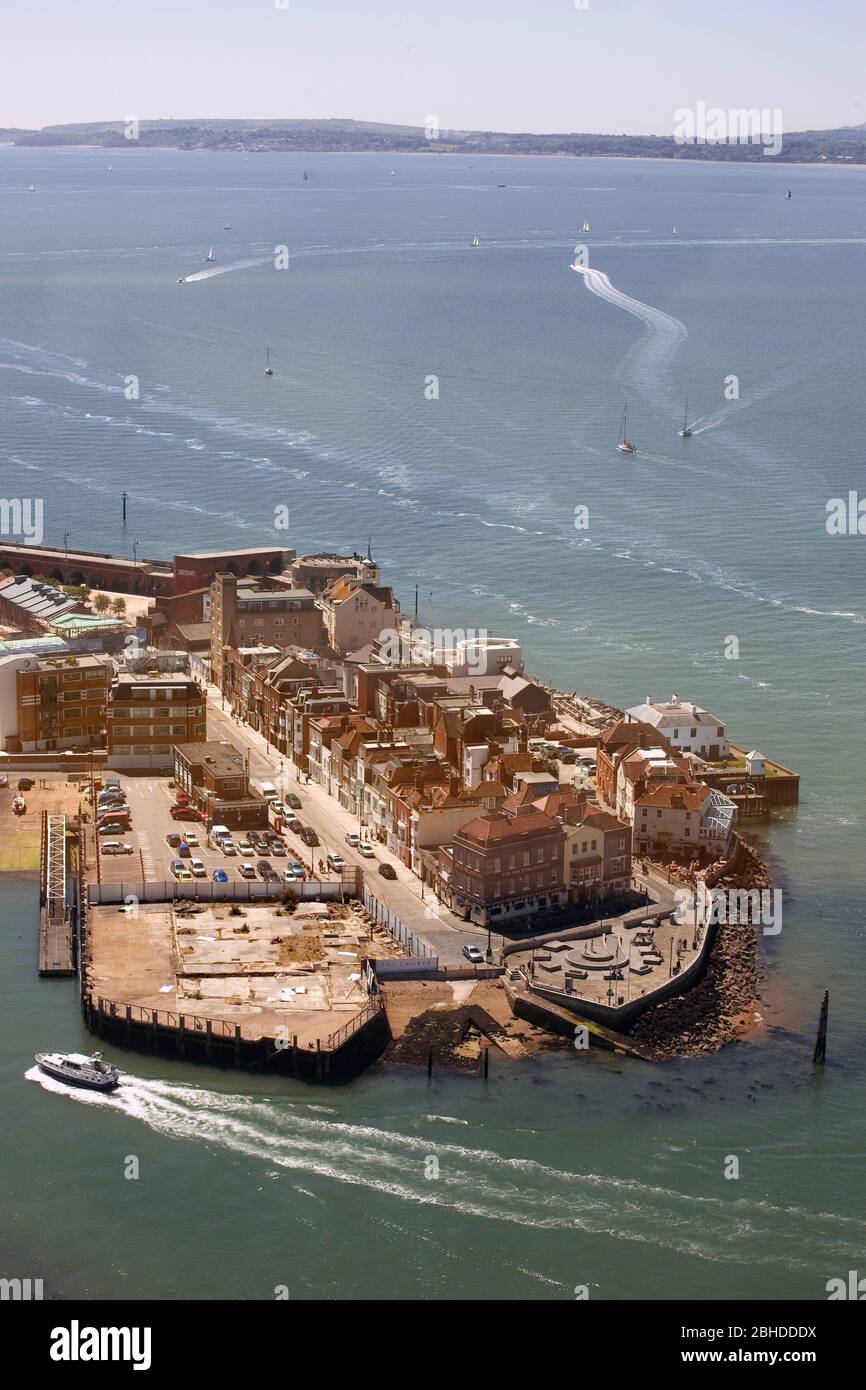 View of  Old Portsmouth, Isle of Wight, Spithead, and the Harbour entrance from the viewing platform, Spinnaker Tower, Gunwharf Quay, Portsmouth, UK Stock Photo