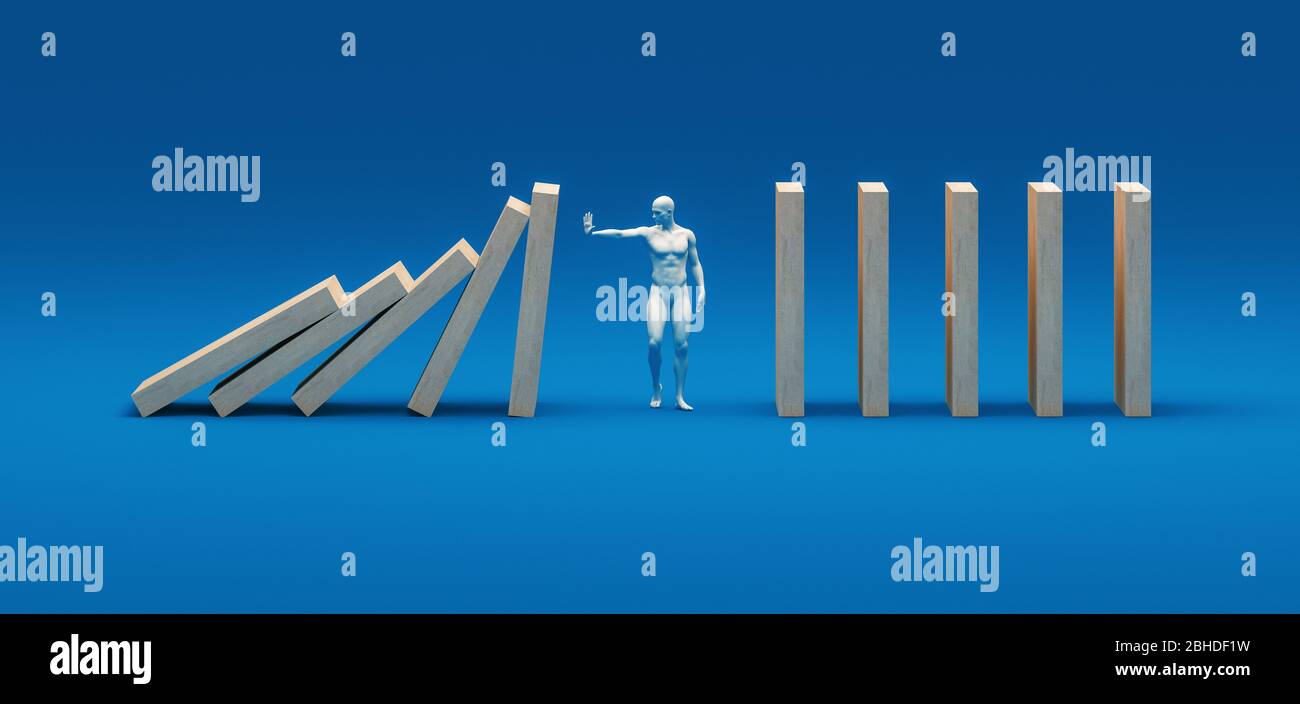 Wide cropped image of the outline of a businessman stopping the domino effect on gray background. 3d rendering Stock Photo
