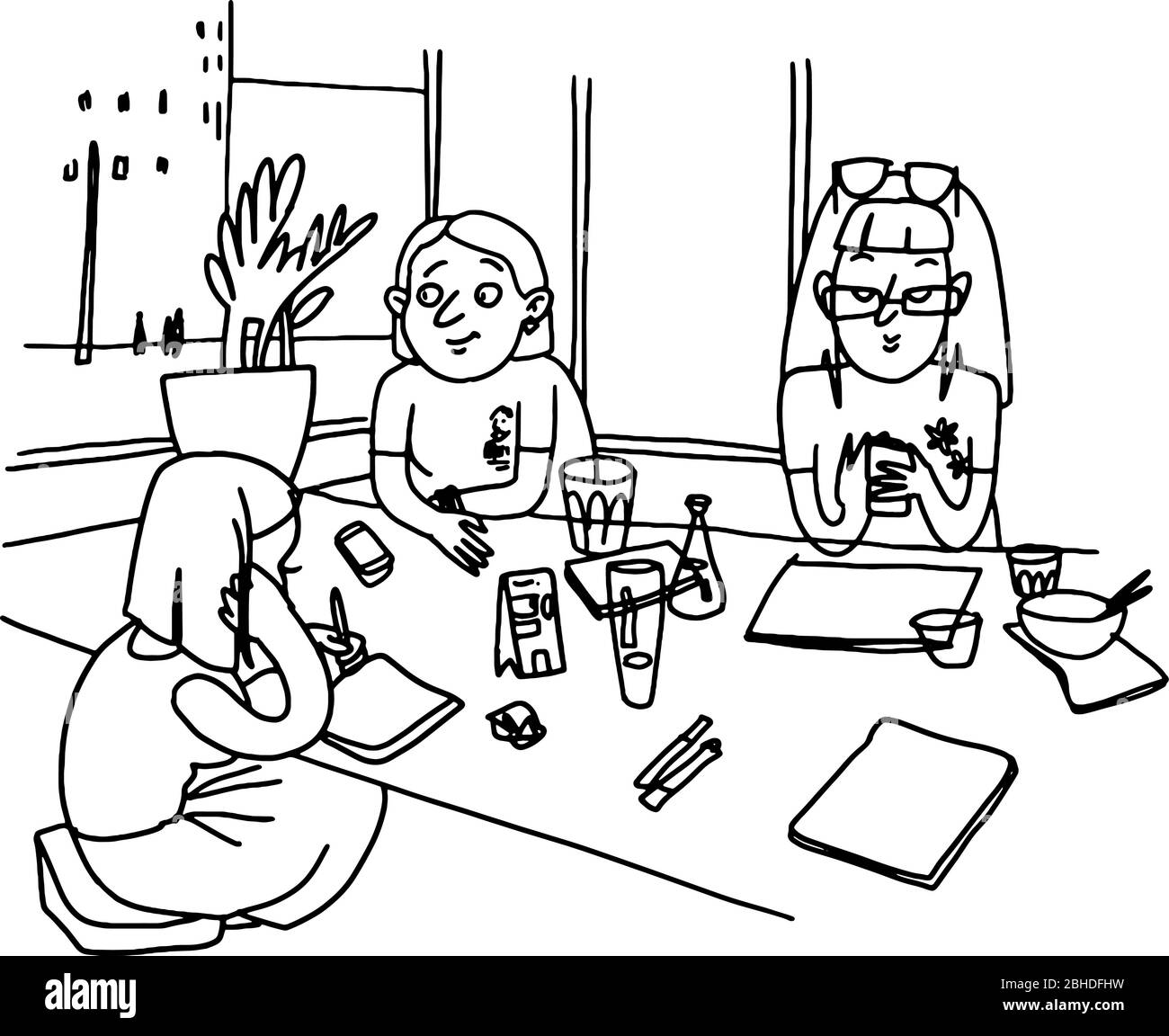 People sitting at the table talking and working in workplace. Vector hand drawn illustration of coworking meeting of young girls. Stock Vector