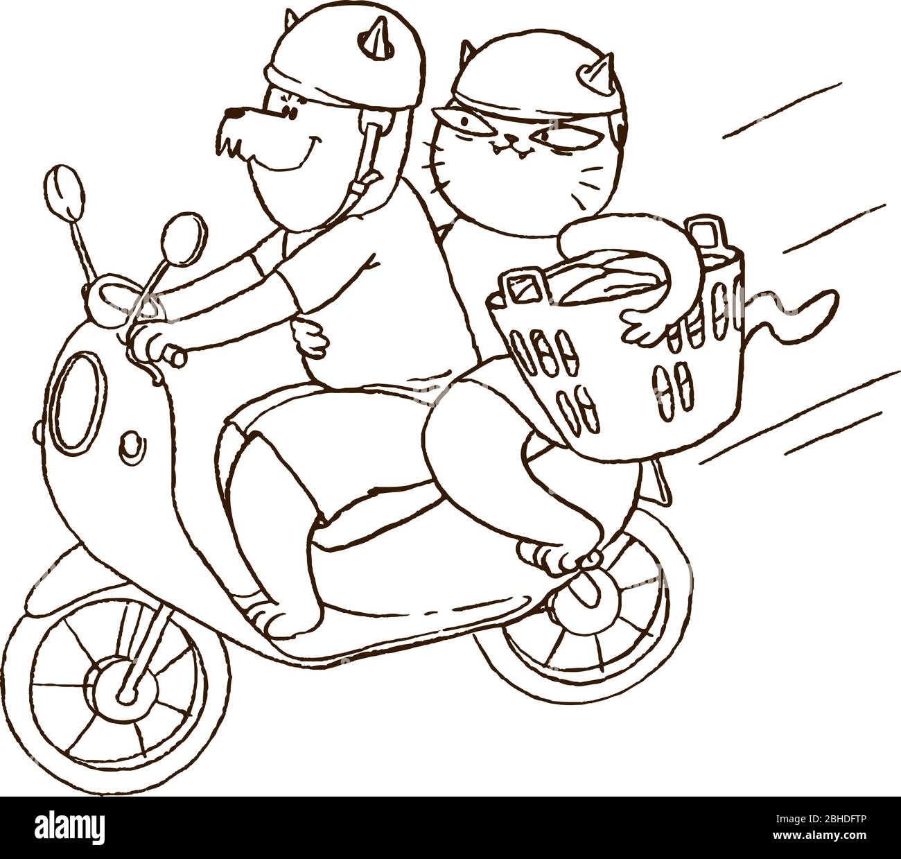 Two cartoon cats riding a bike with helmets and laundry basket. Vector outline funny illustration. Coloring book page. Stock Vector