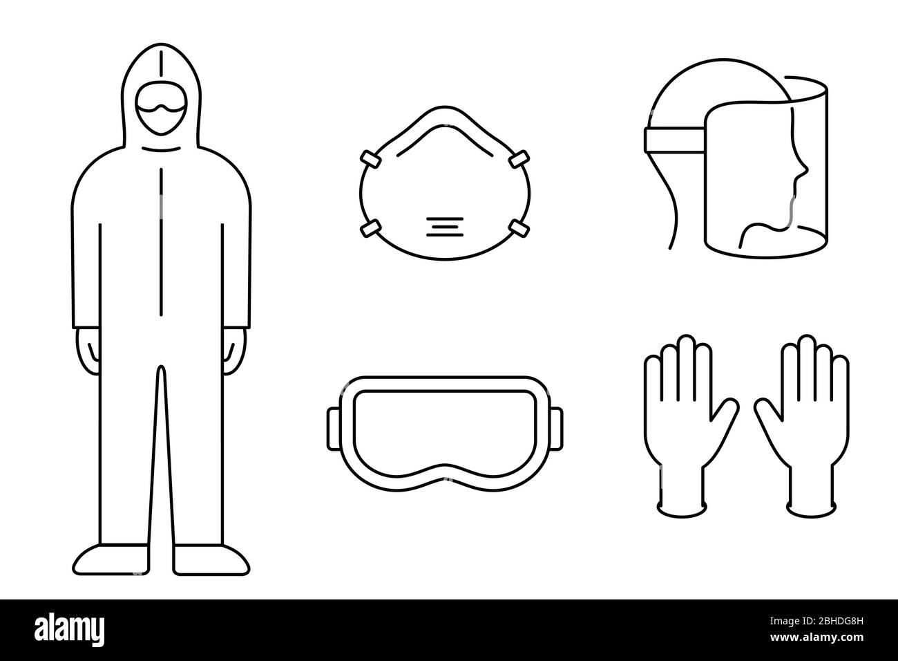 Coronavirus prevention equipment line icon set. Protective suit, mask