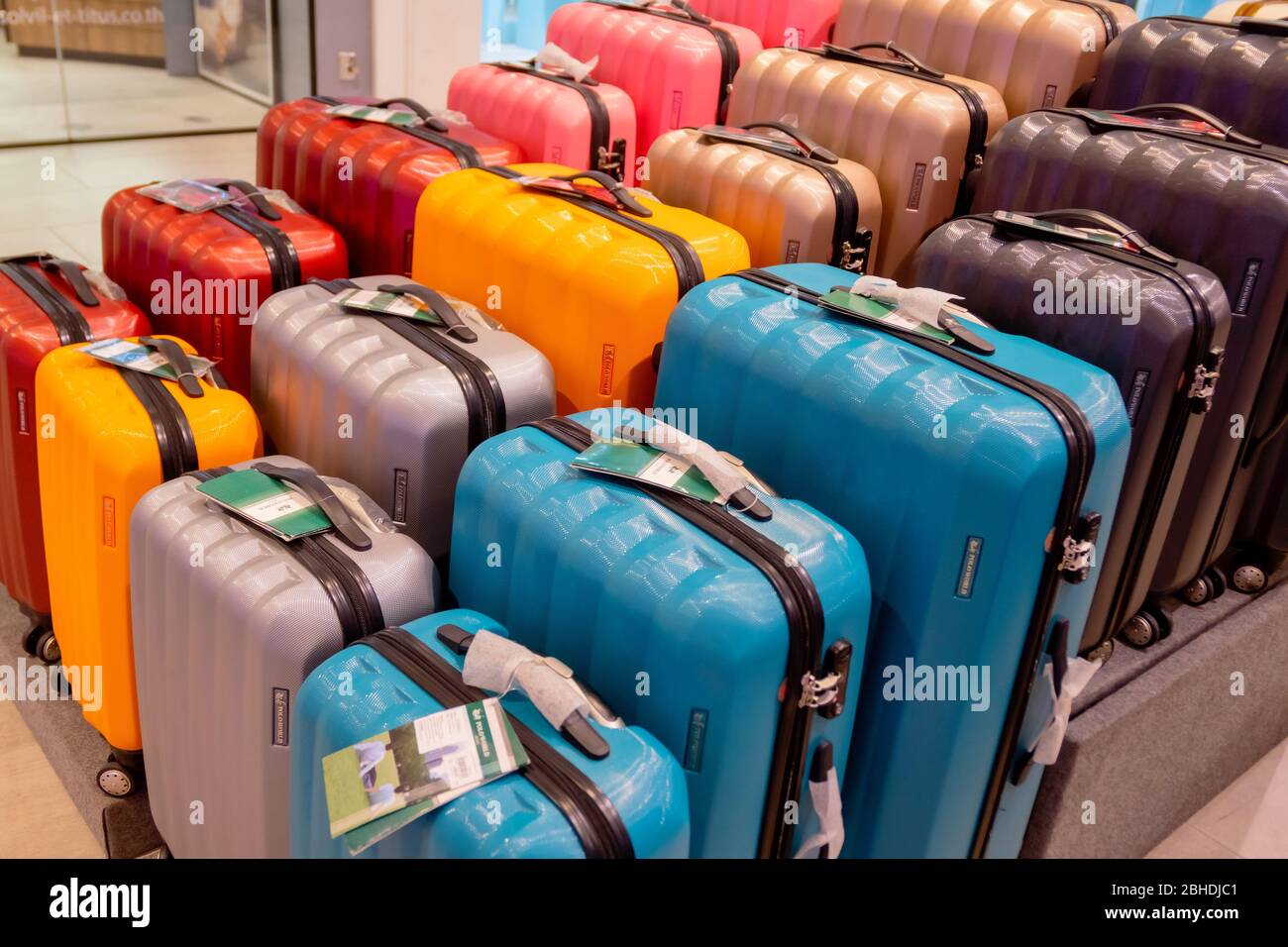 The New elegant colorful travelling bag stacked and shown to the customer  in Blueport shopping mall Hua Hin, Thailand February 15, 2019 Stock Photo -  Alamy