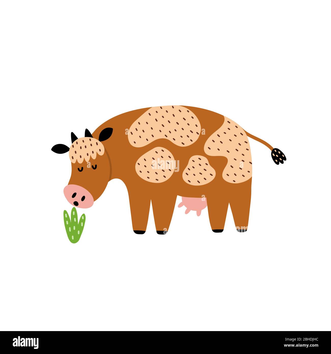 Cow eating grass isolated element. Cute farm animal print Stock Vector