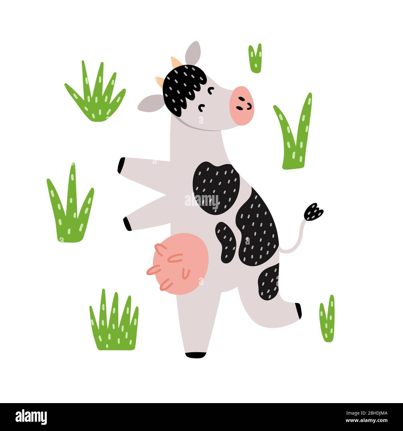 Cute dancing black and white cow. Cartoon farm character Stock Vector