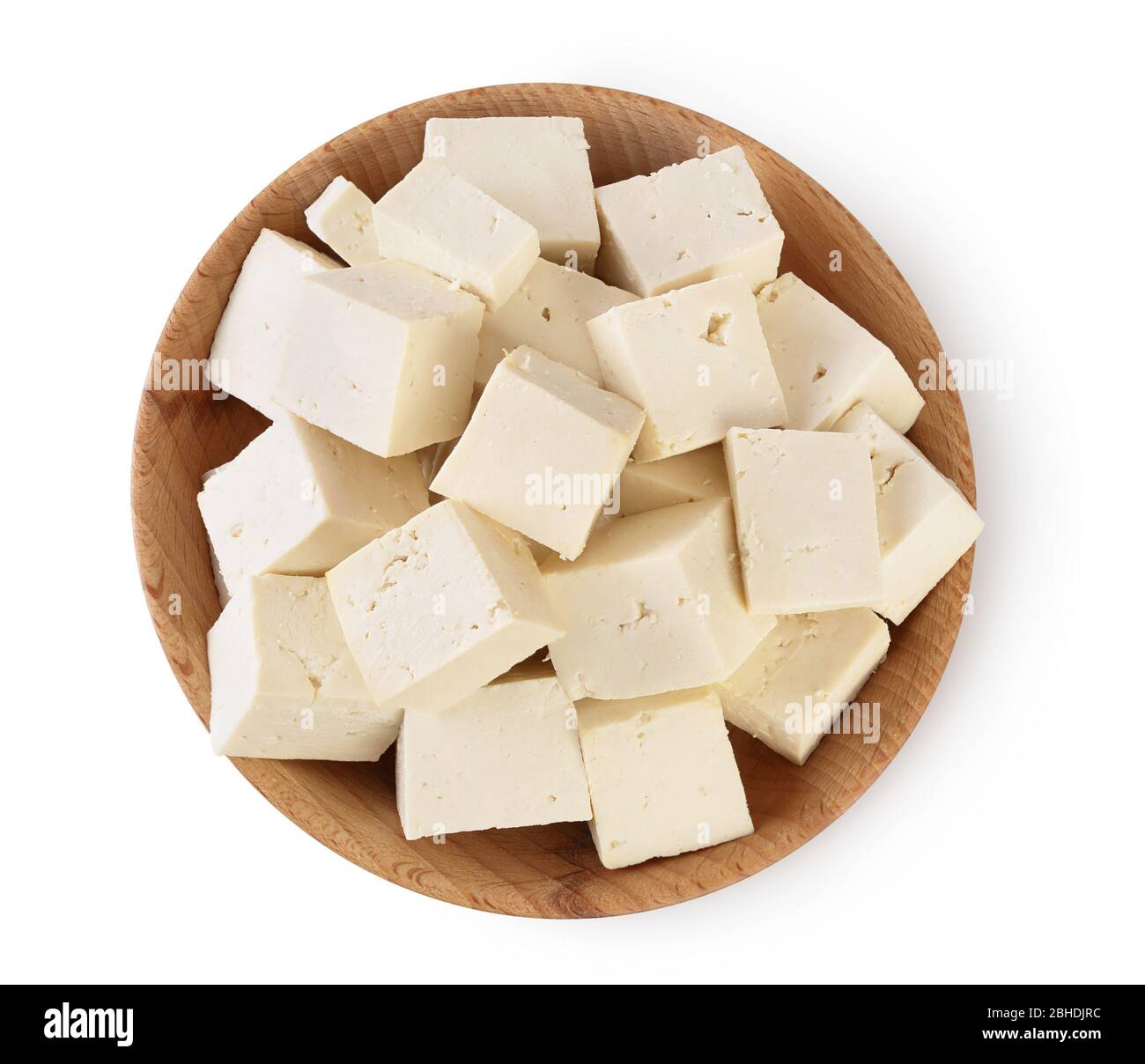 tofu cheese in wooden bowl isolated on white background with clipping ...