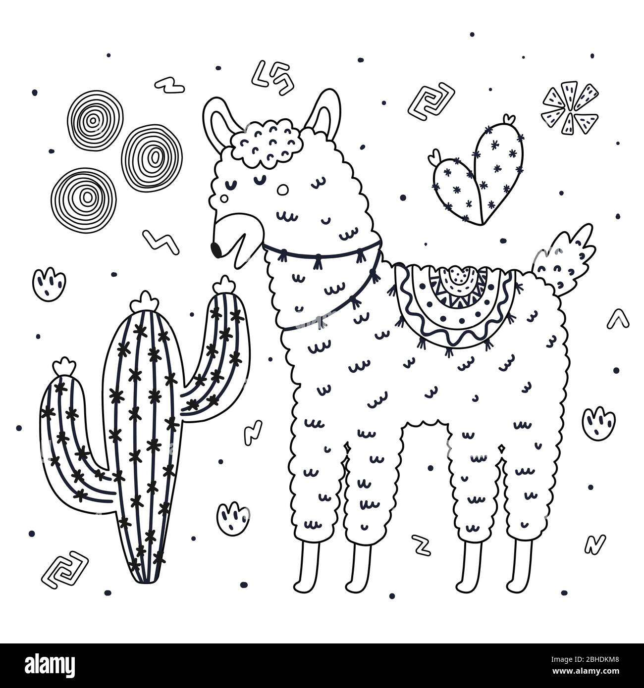 coloring page with cute llama eating a cactus black and white background stock vector image art alamy