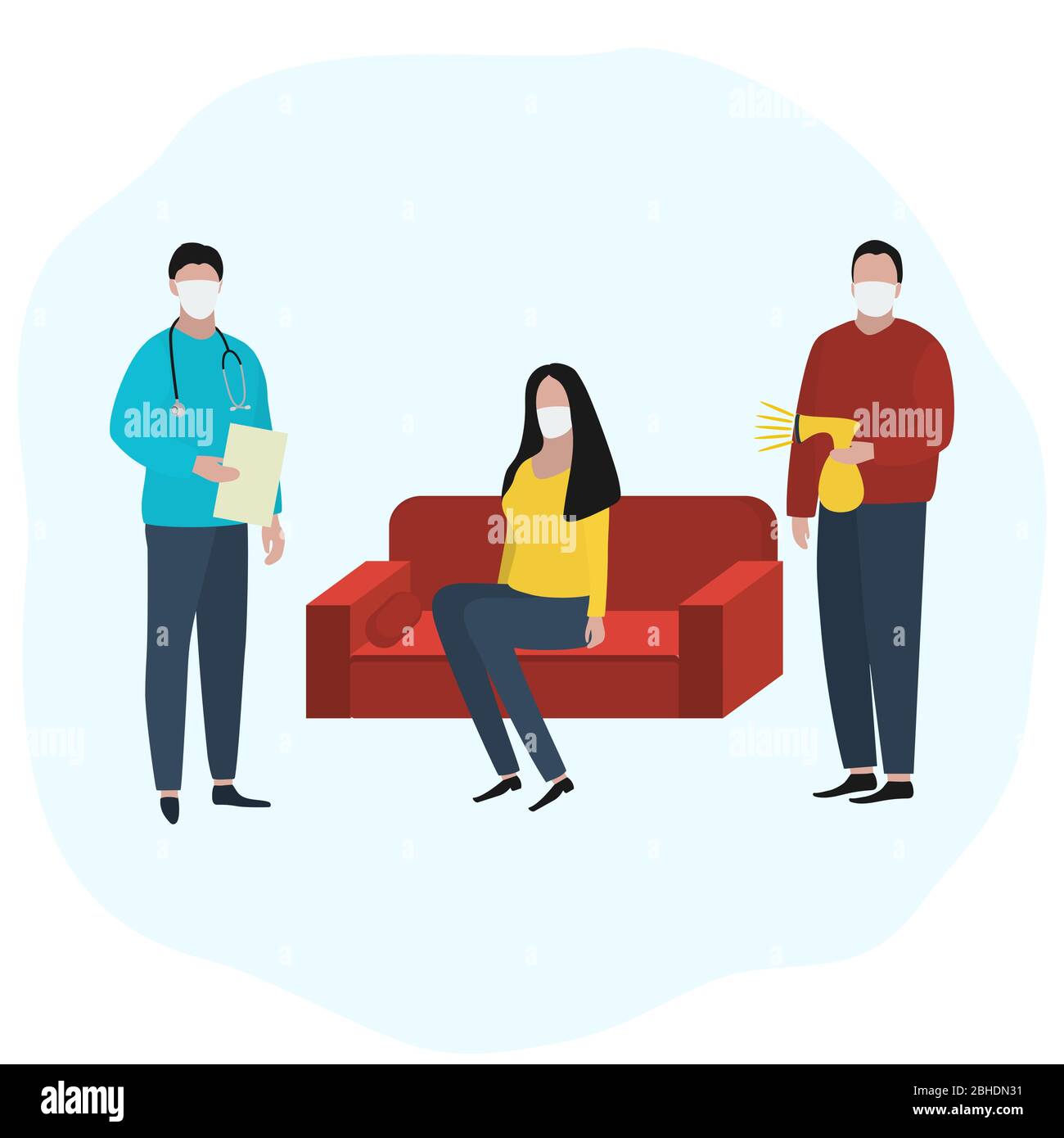 Woman sits at home on the sofa in a medical mask is sick and a doctor is standing nearby. Fashion trendy illustration, flat design. Pandemic and Stock Vector