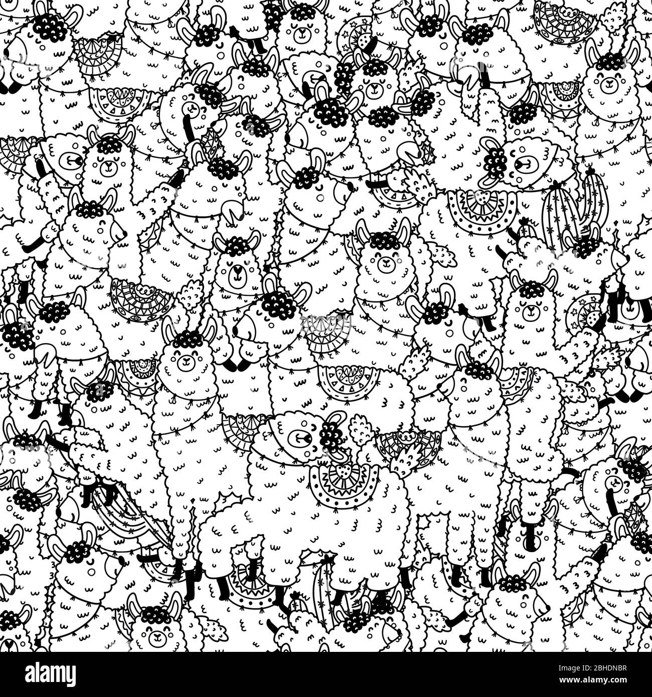 Black and white seamless pattern with funny llamas Stock Vector