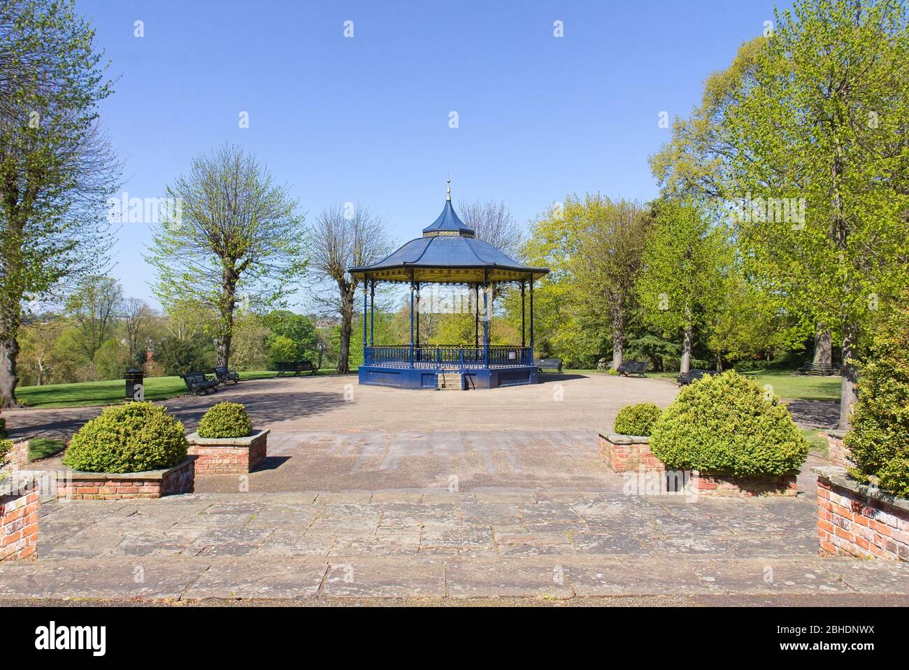 Emtpy Colchester Castle Park during lockdown with bandstand as main focus in April 2020. Stock Photo