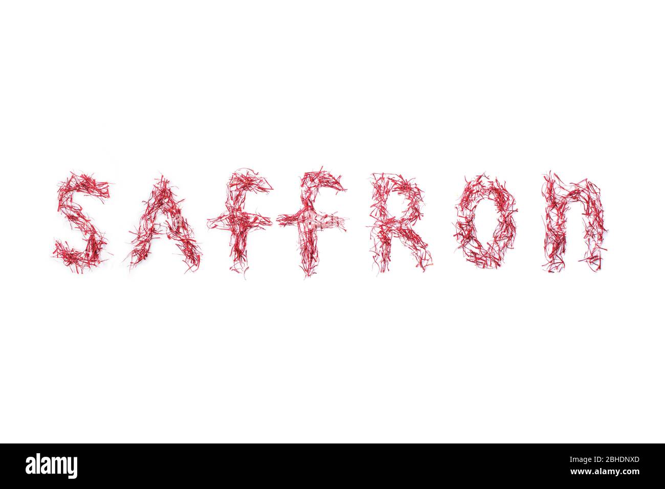 The word saffron is laid out with letters from stitched saffron leaves