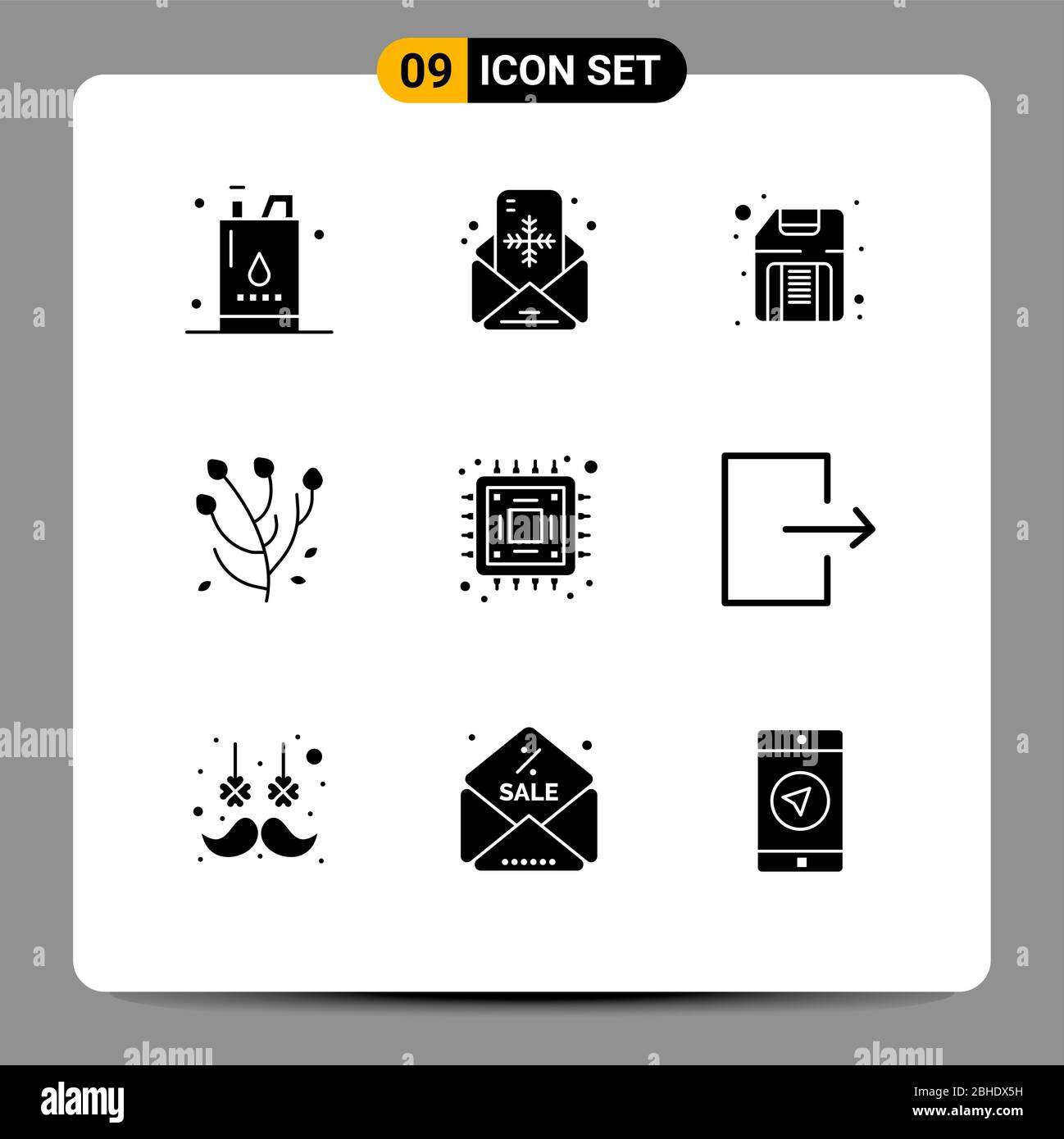9 User Interface Solid Glyph Pack of modern Signs and Symbols of chip, flower, message, anemone flower, hardware Editable Vector Design Elements Stock Vector