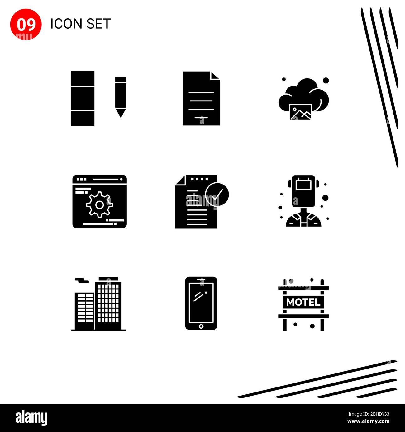 Modern Set of 9 Solid Glyphs and symbols such as approved, optimization, cloud, gear, cogwheels Editable Vector Design Elements Stock Vector