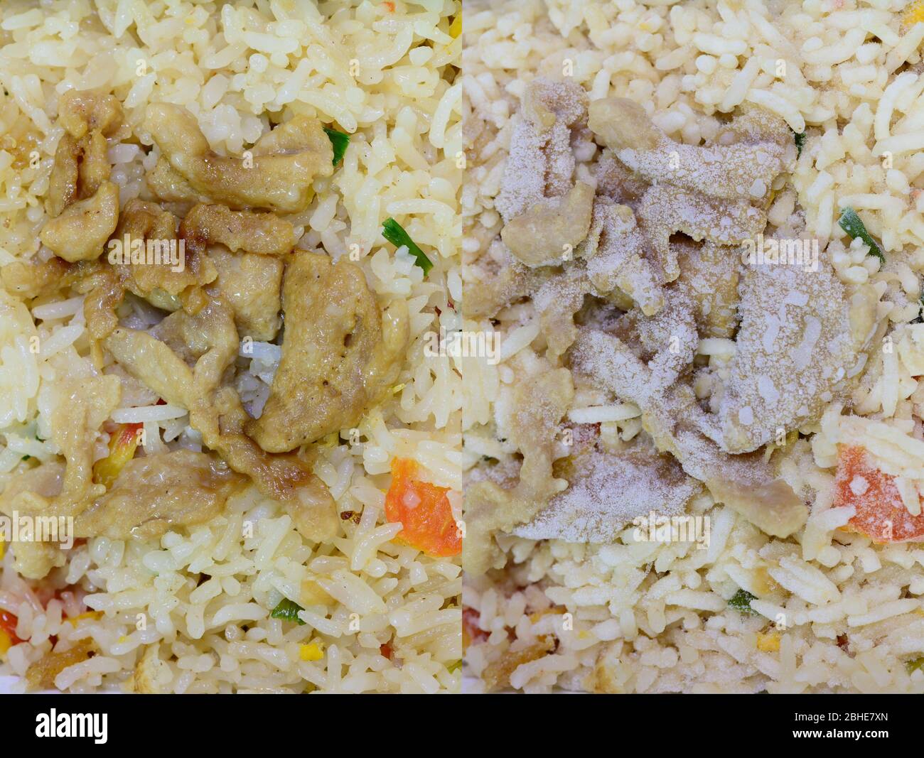 Closeup before and after of frozen pork fried rice heated in microwave