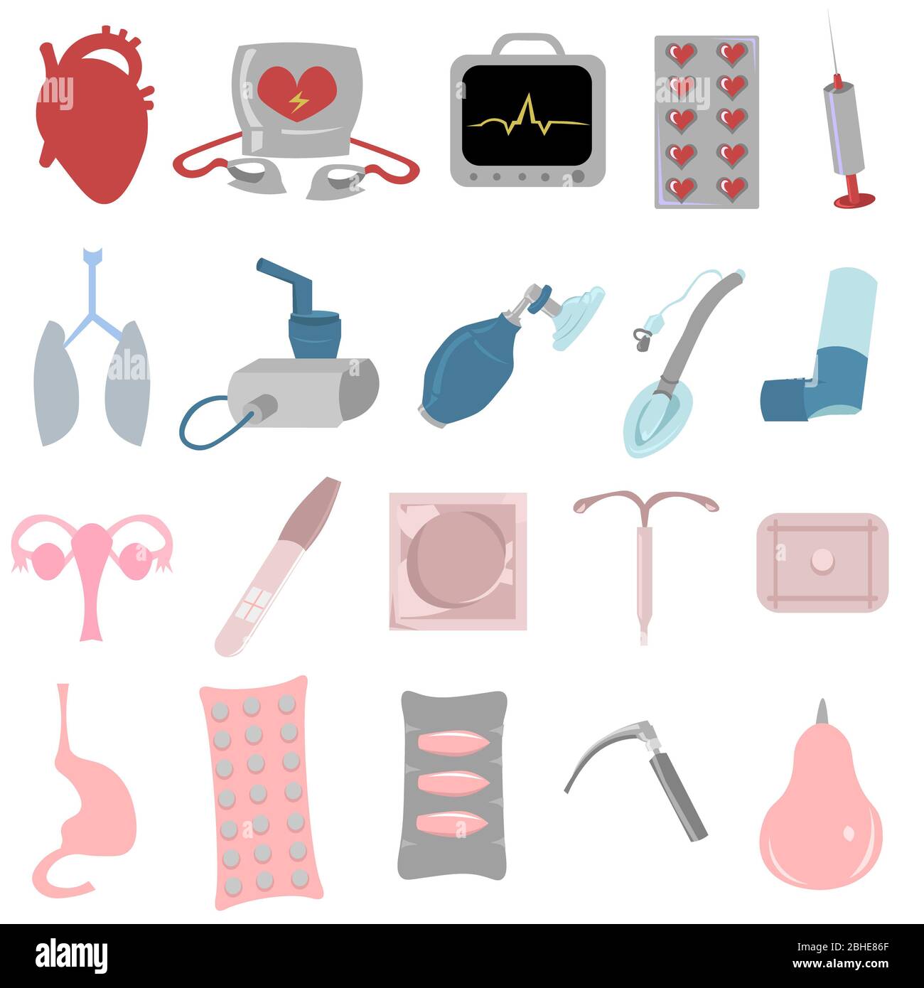 Set of anatomical organs and medicines. Heart disease, defibrillator and ECG. Treatment of asthma and pneumonia. Ambu bag, nebulizer and inhaler. Gyne Stock Photo