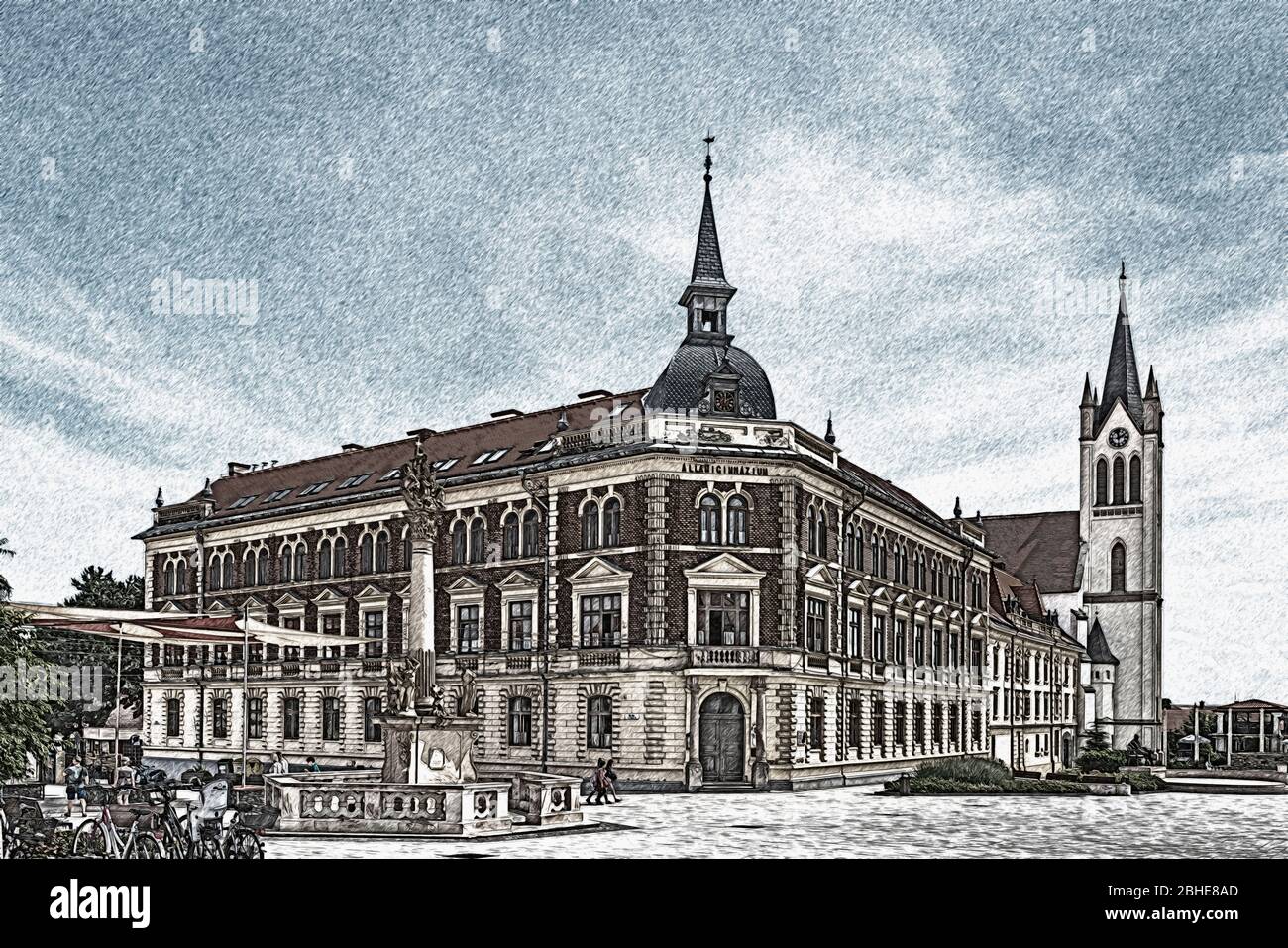 The Vajda Janos Gymnasium was founded in 1797. In the background is the Church of Our Lady of Hungary, Keszthely, Hungary, Europe Stock Photo