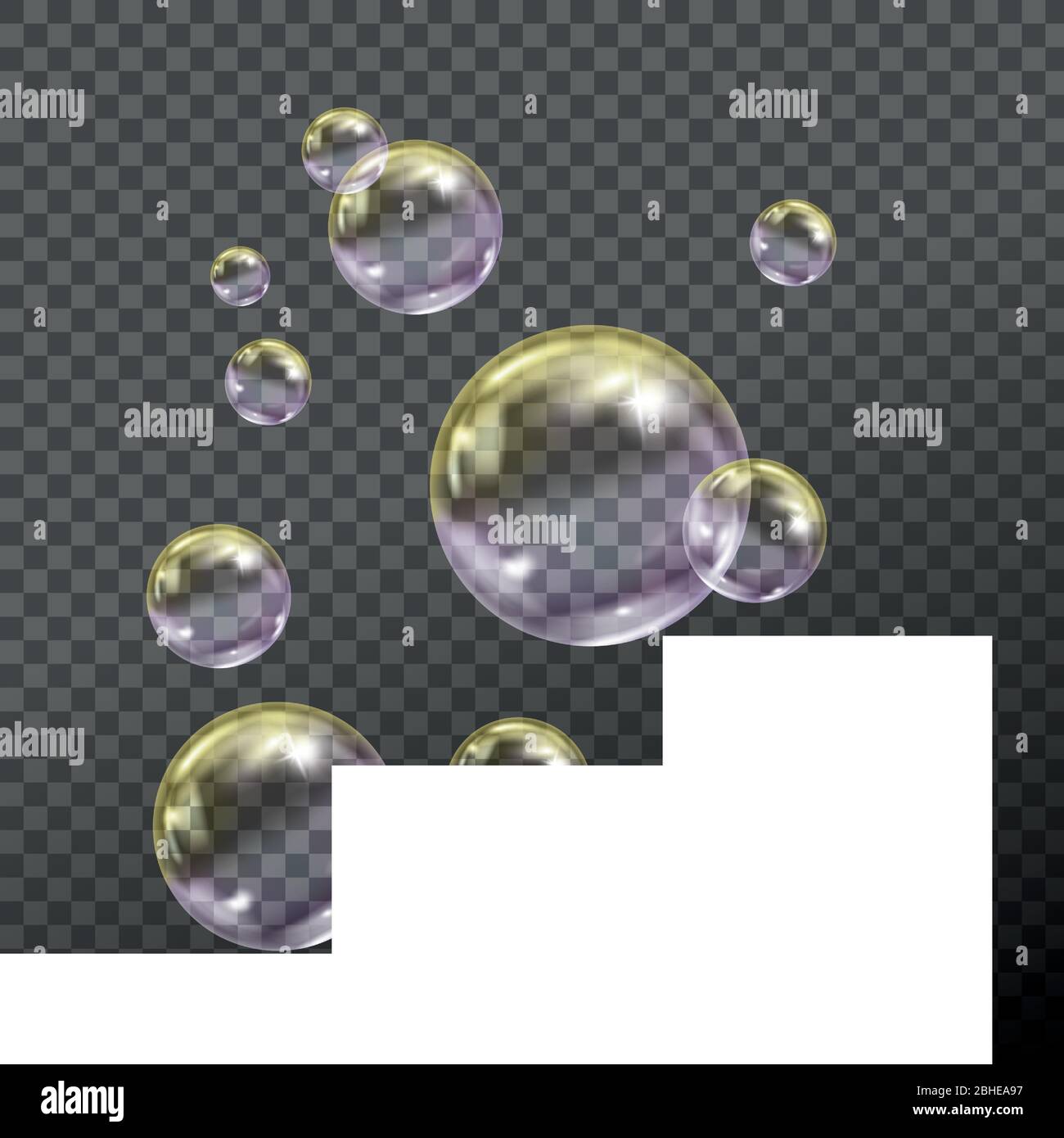 Flying transparent soap bubbles on checkered background. Stock Vector