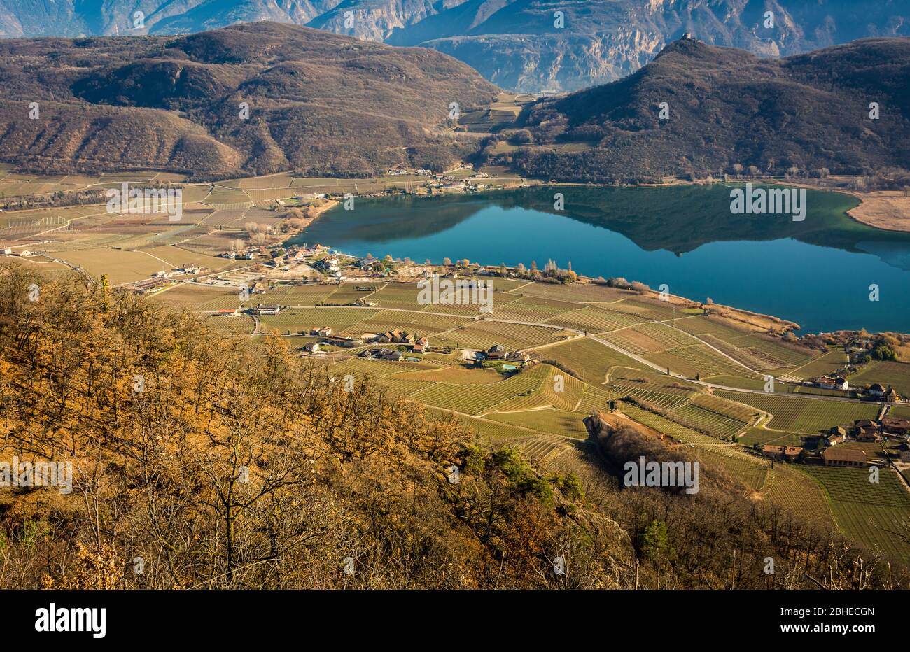 Lake Caldaro on the South Tyrolean Wine Route near Bolzano, Italy, Europe.  Winter landscape Caldaro lake Stock Photo