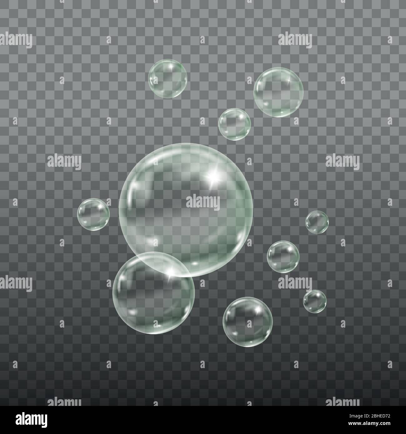 Flying transparent soap bubbles on checkered background. Stock Vector
