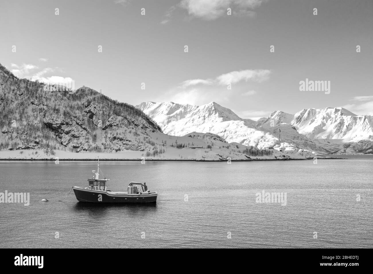 Monochromatic or black and white coastal Landscape outside the village of Oksfjord in Loppa municipality in Finnmark county, Norway Stock Photo