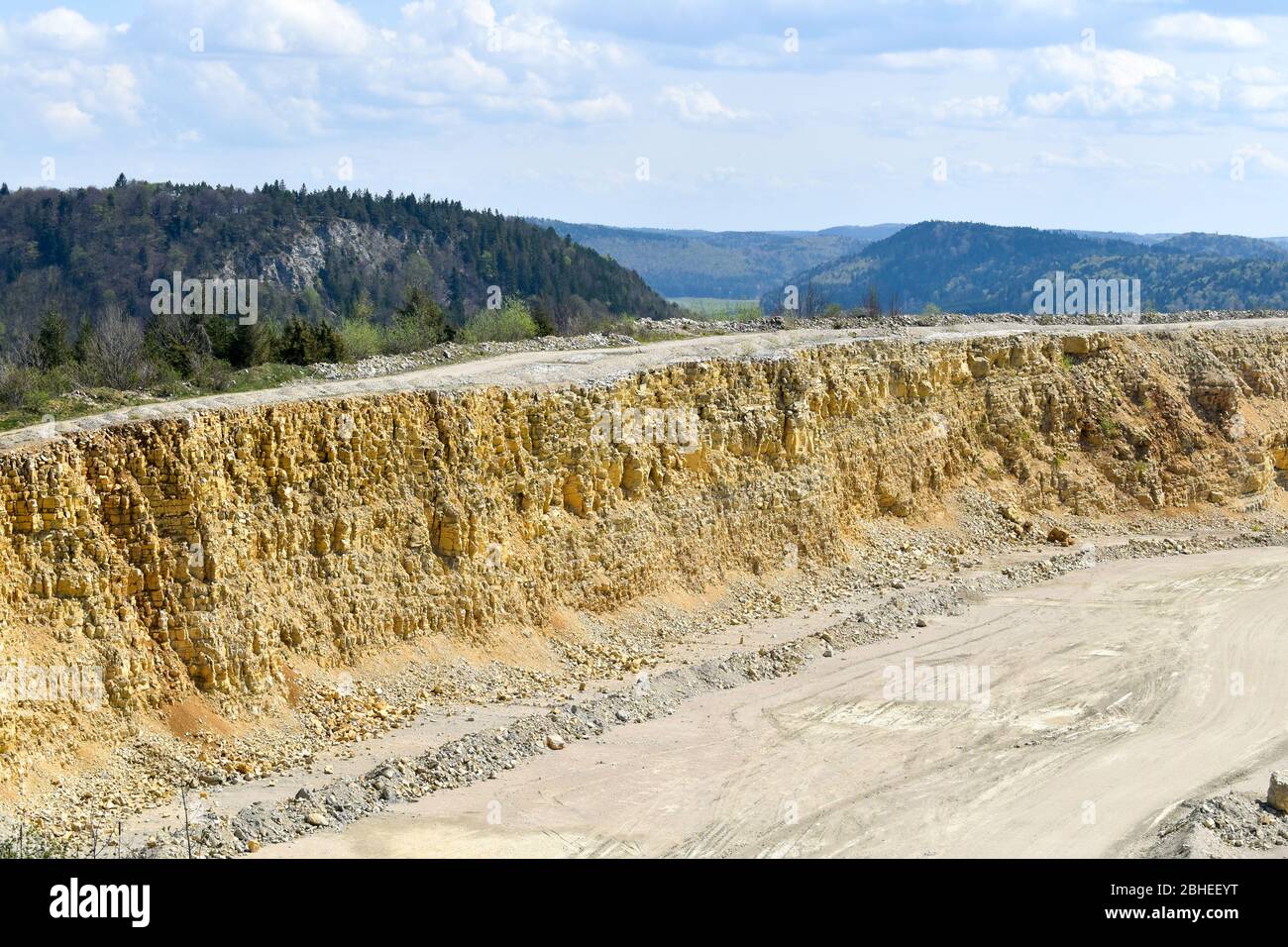 Mining, quarrying, and production of stone at a quarry. Stock Photo
