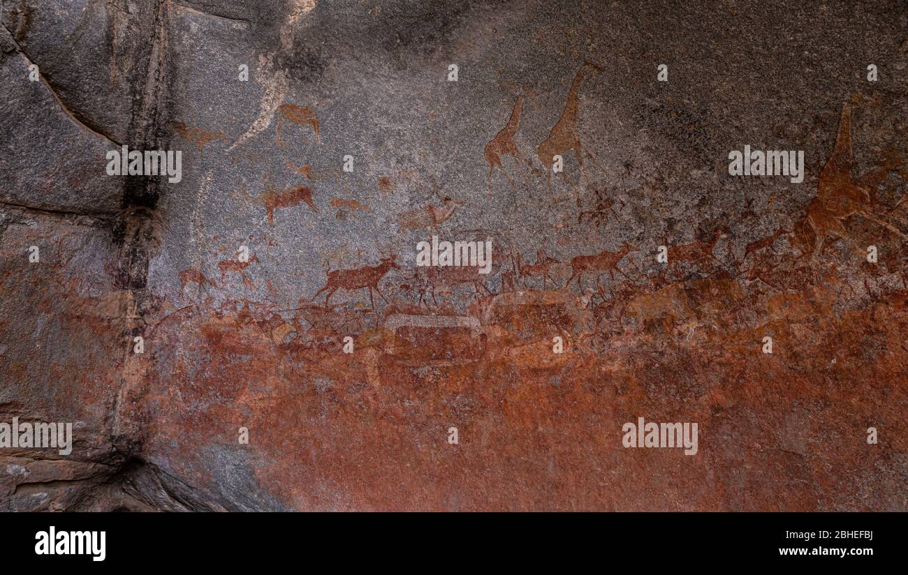 Historical paintings in the Nswatugi Cave, Matopos National Park southern Zimbabwe Stock Photo