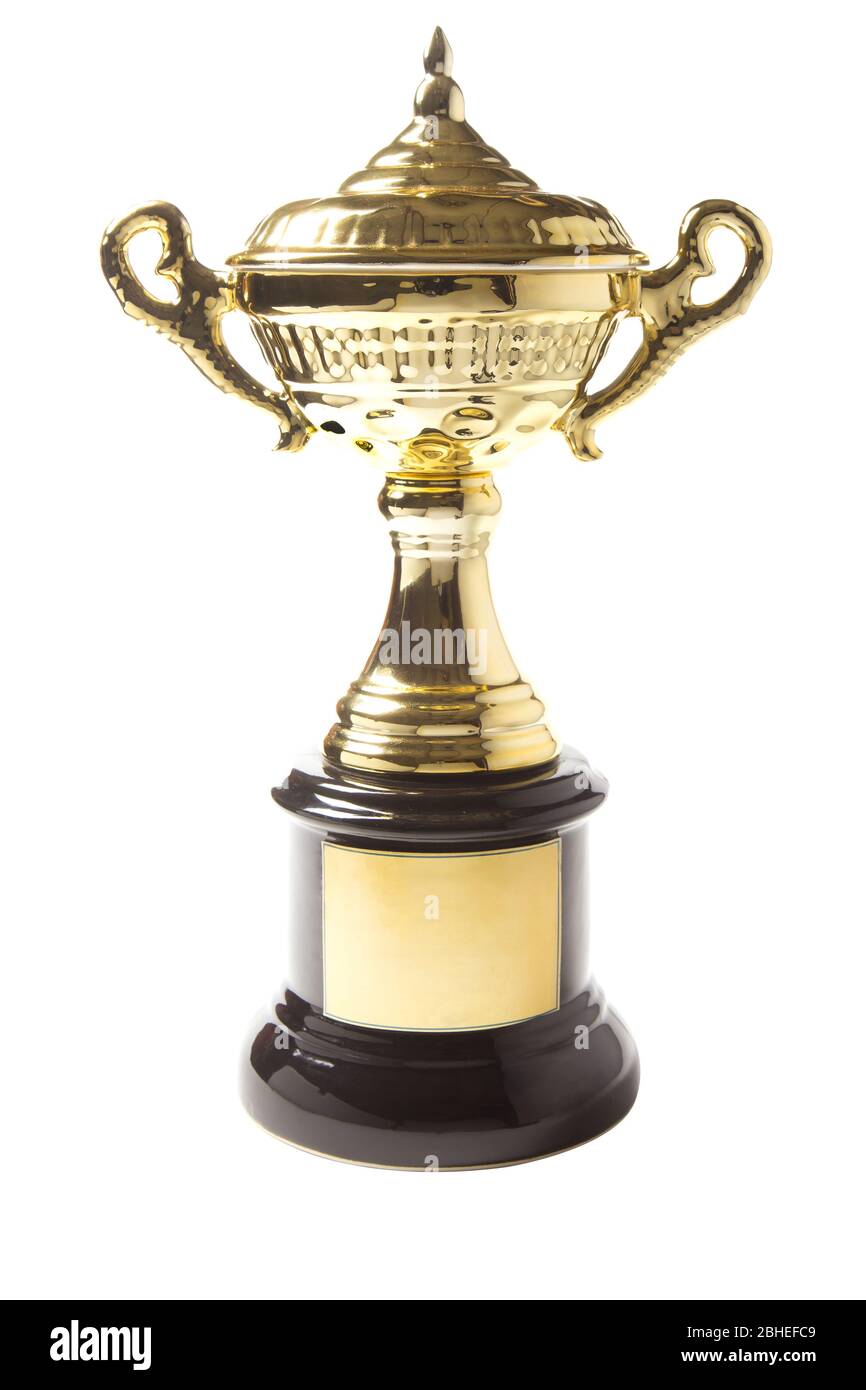 Golden trophy isolated on white background. Winning awards Stock Photo ...