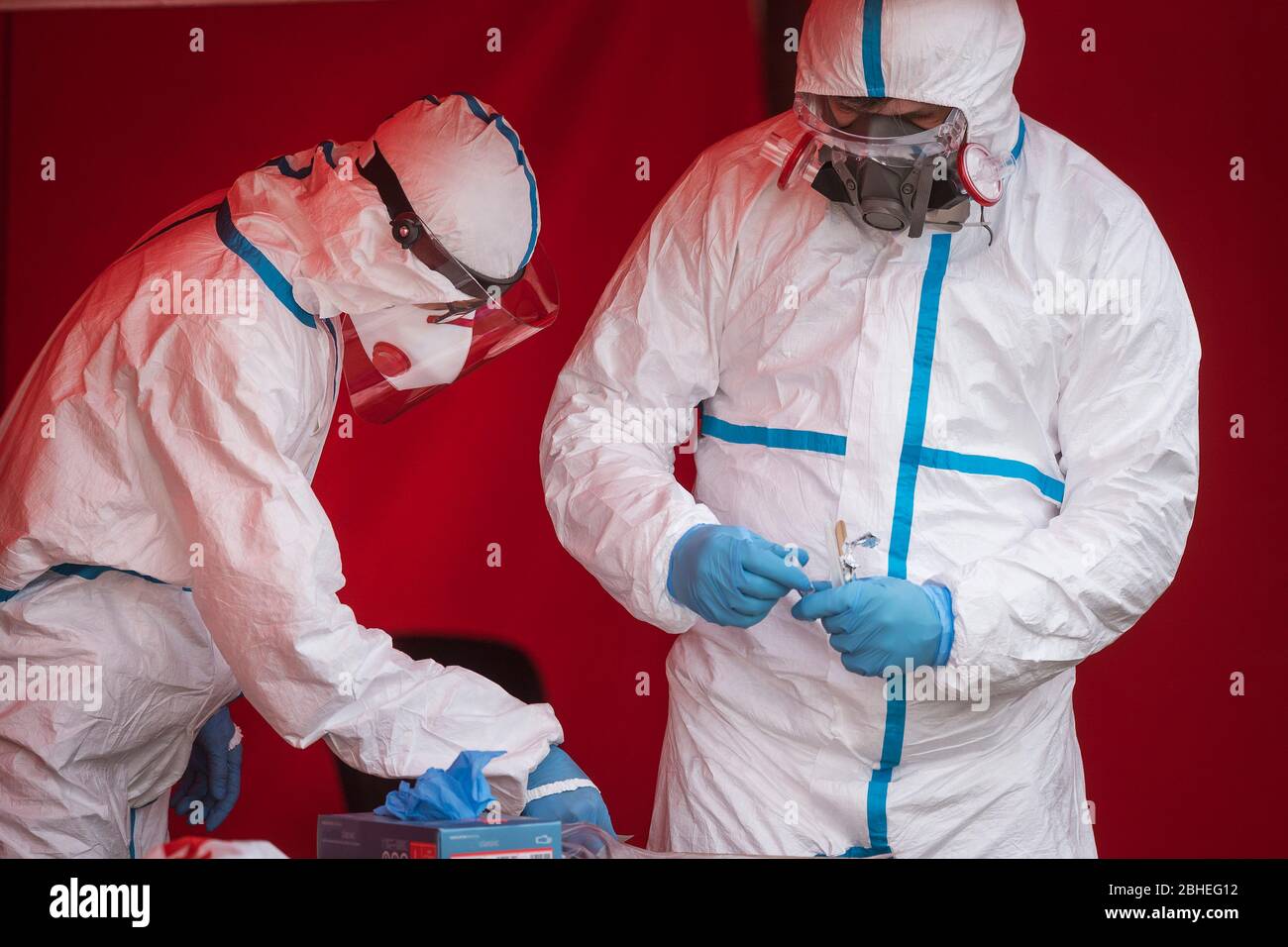 Medical staff at the Drive-though testing for the Coronavirus Sars-Cov-2 content. Stock Photo
