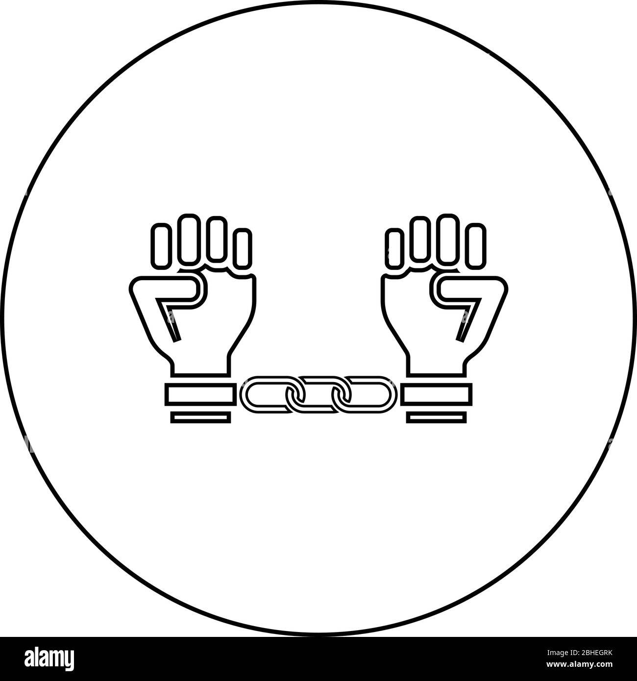 Handcuffed hands Chained human arms Prisoner concept Manacles on man Detention idea Fetters confine Shackles on person icon in circle round outline Stock Vector