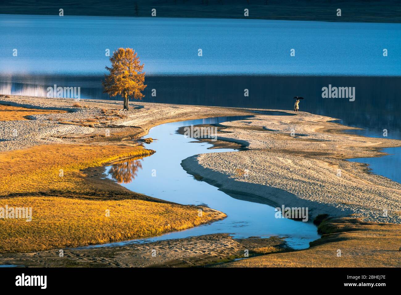 Eagle hunter on the shore of Khoton Lake, Bayan-Ulgii Province, Mongolia, Asia Stock Photo