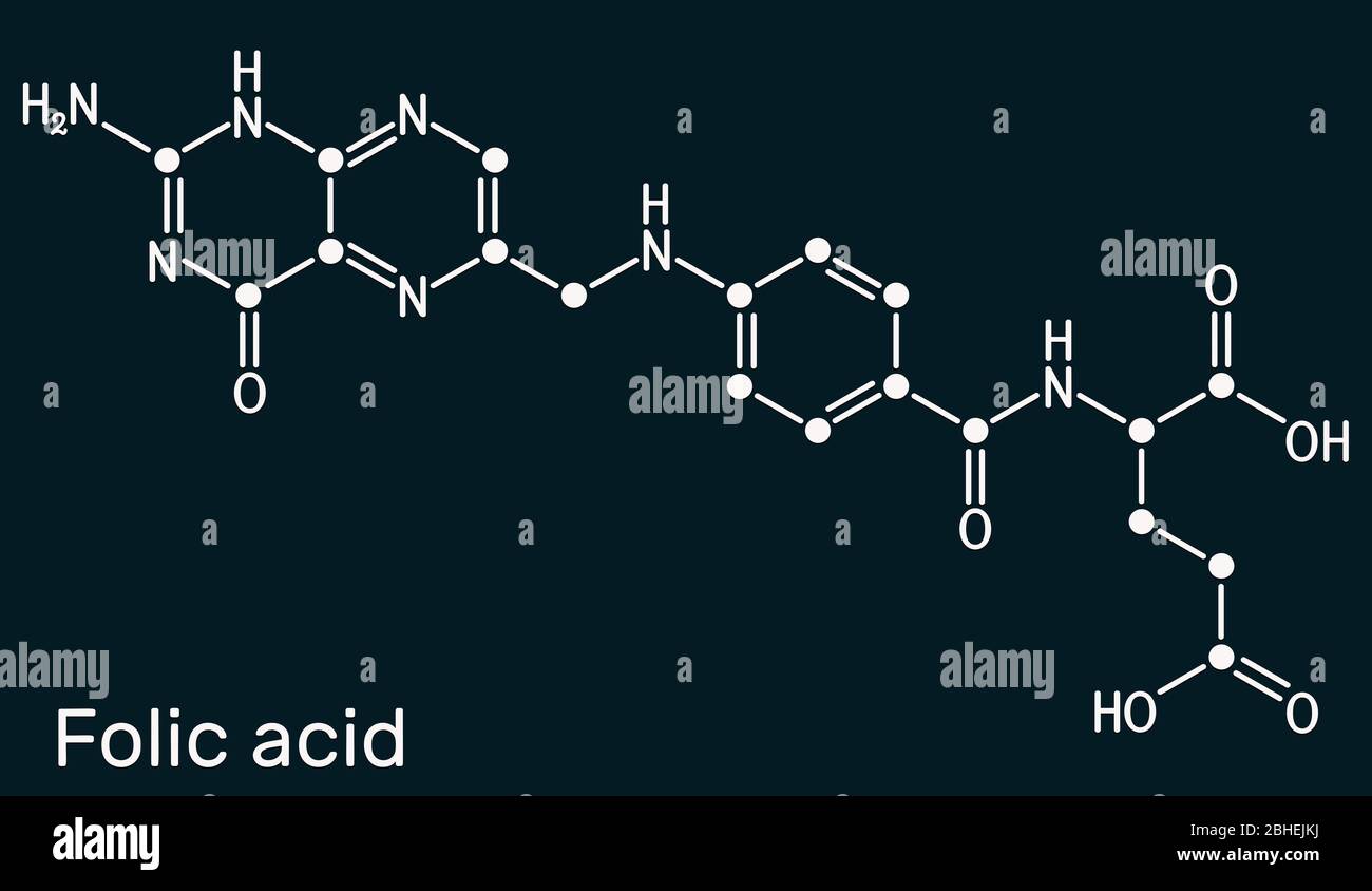Folic acid, folate molecule. It is known as vitamin B9. Skeletal