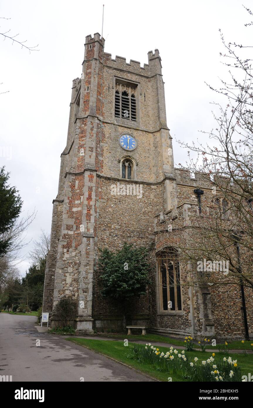 St Mary the Virgin Church, Great Dunmow, Essex, lies in a churchyard away from the town. The earliest part dates to the thirteenth century. Stock Photo