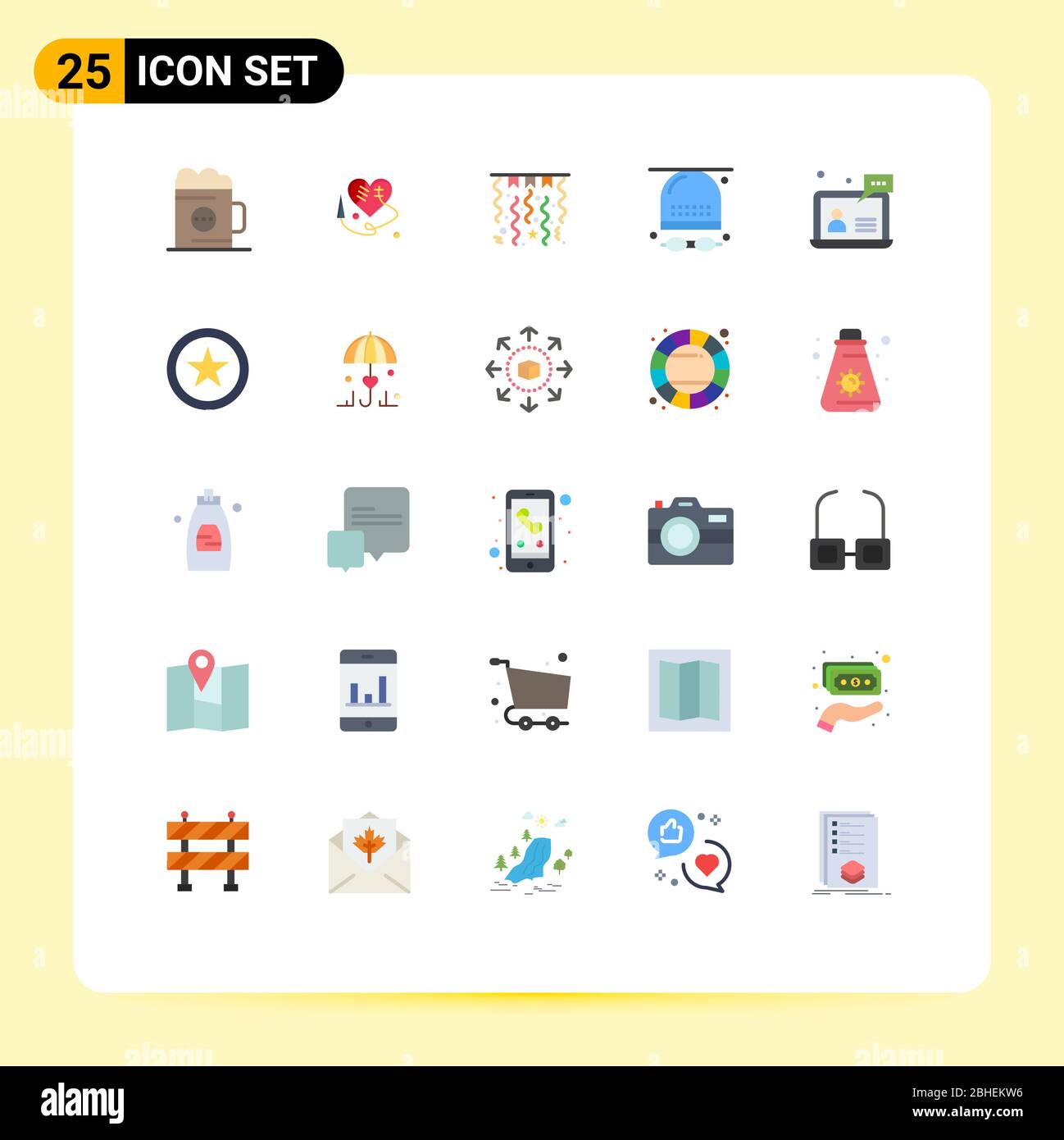 Pictogram Set of 25 Simple Flat Colors of chat, hat, christmas, glasses, athletics Editable Vector Design Elements Stock Vector