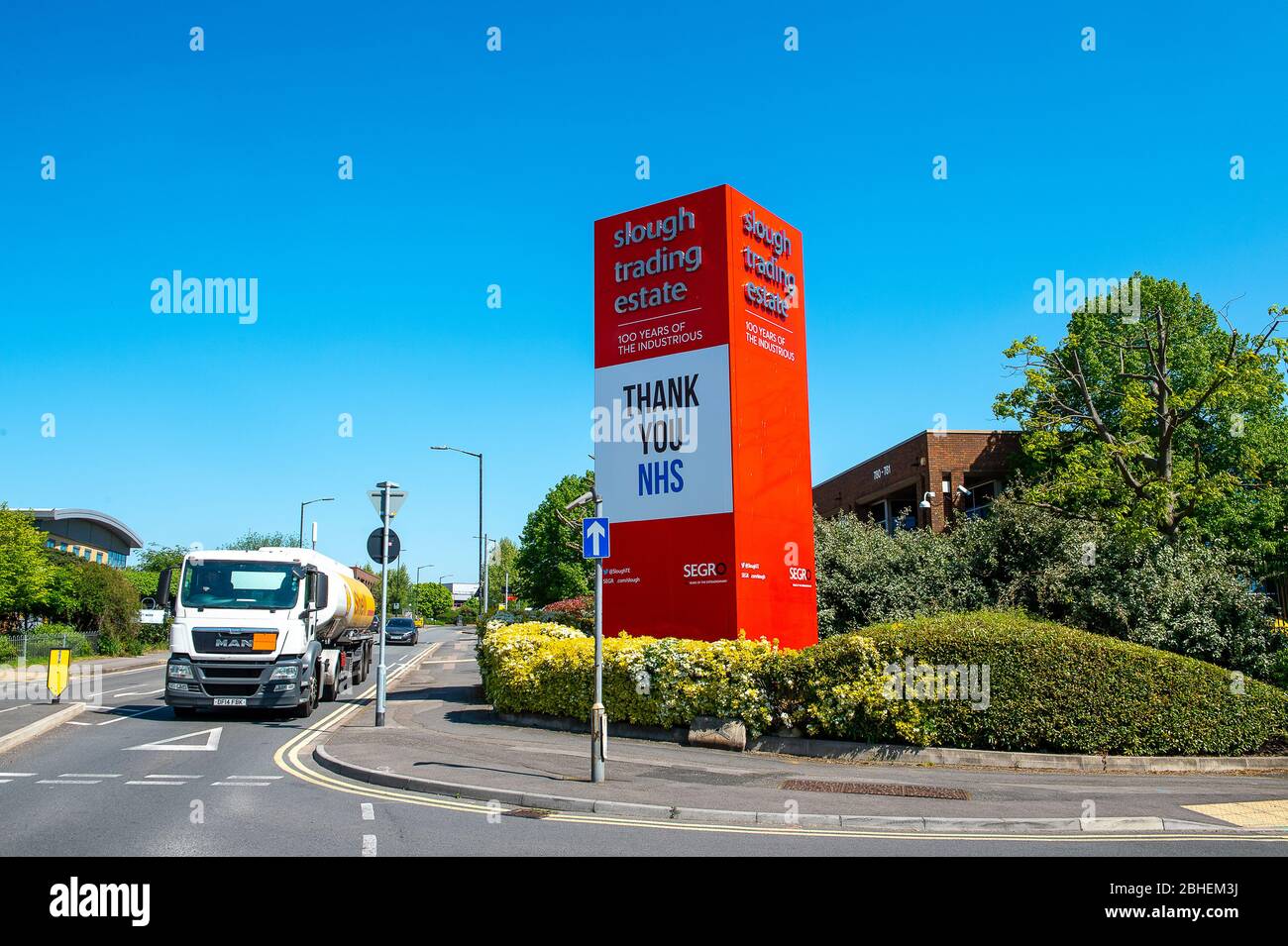 Slough, Berkshire, UK. 25th April, 2020. Large 'Thank you NHS' signs