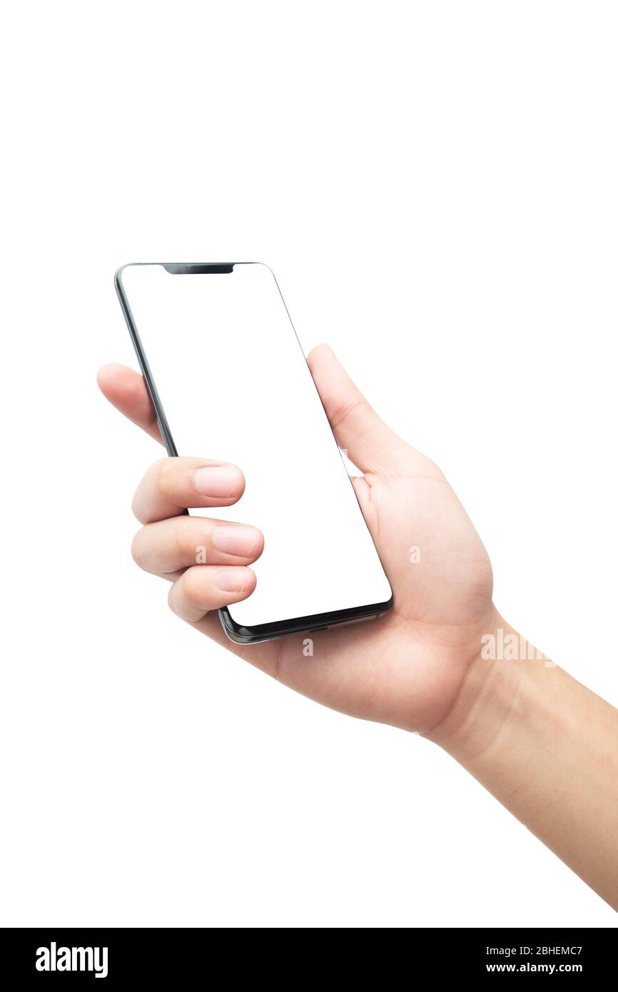 Male hand holding the black smartphone with blank screen isolated on ...
