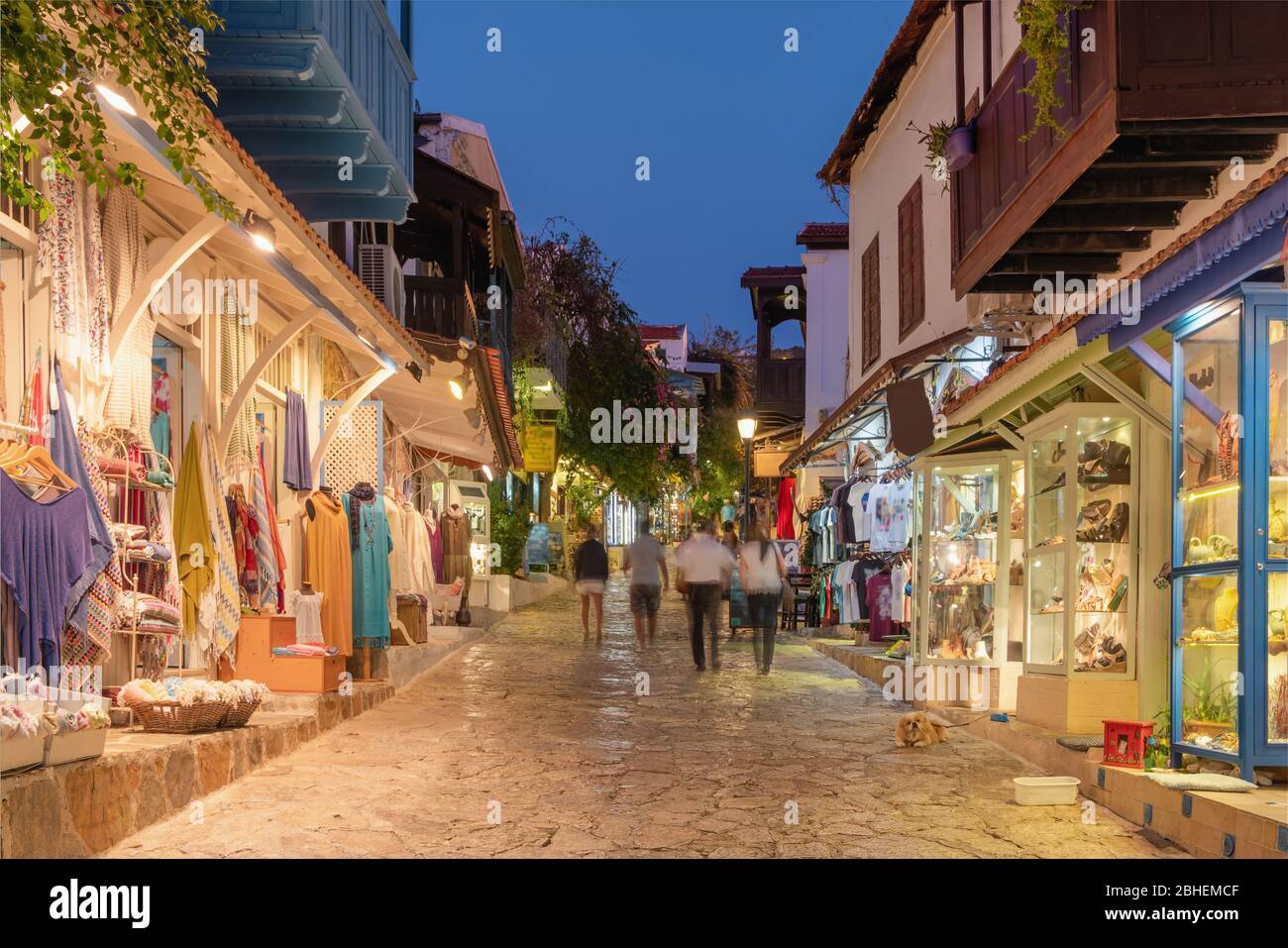 Street view in the Kas old town with boutique shops at evening, Turkey Stock Photo