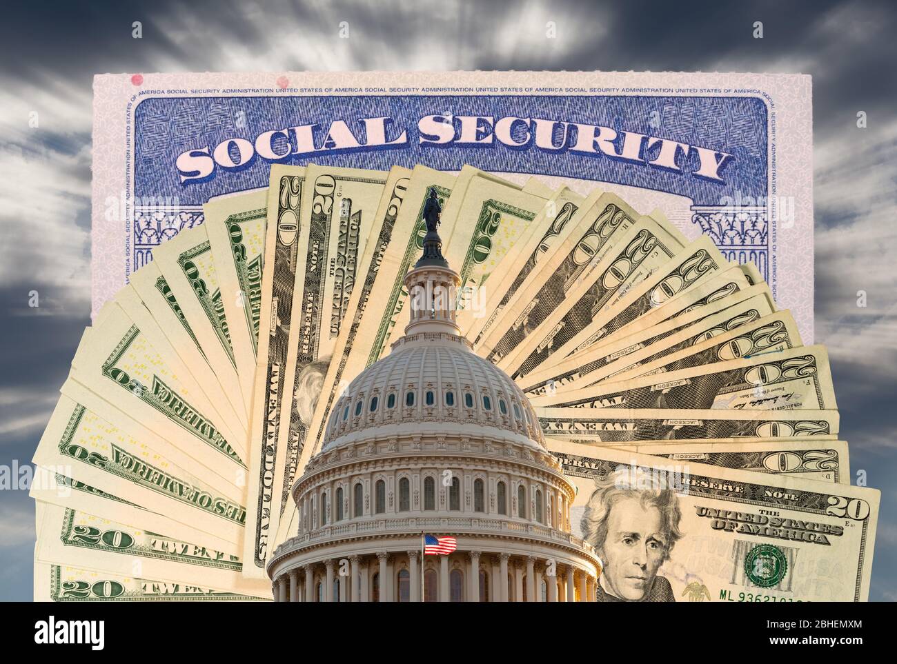US Congress and Capitol in Washington DC with cash and social security card to illustrate budget problems as a result of coronavirus Stock Photo