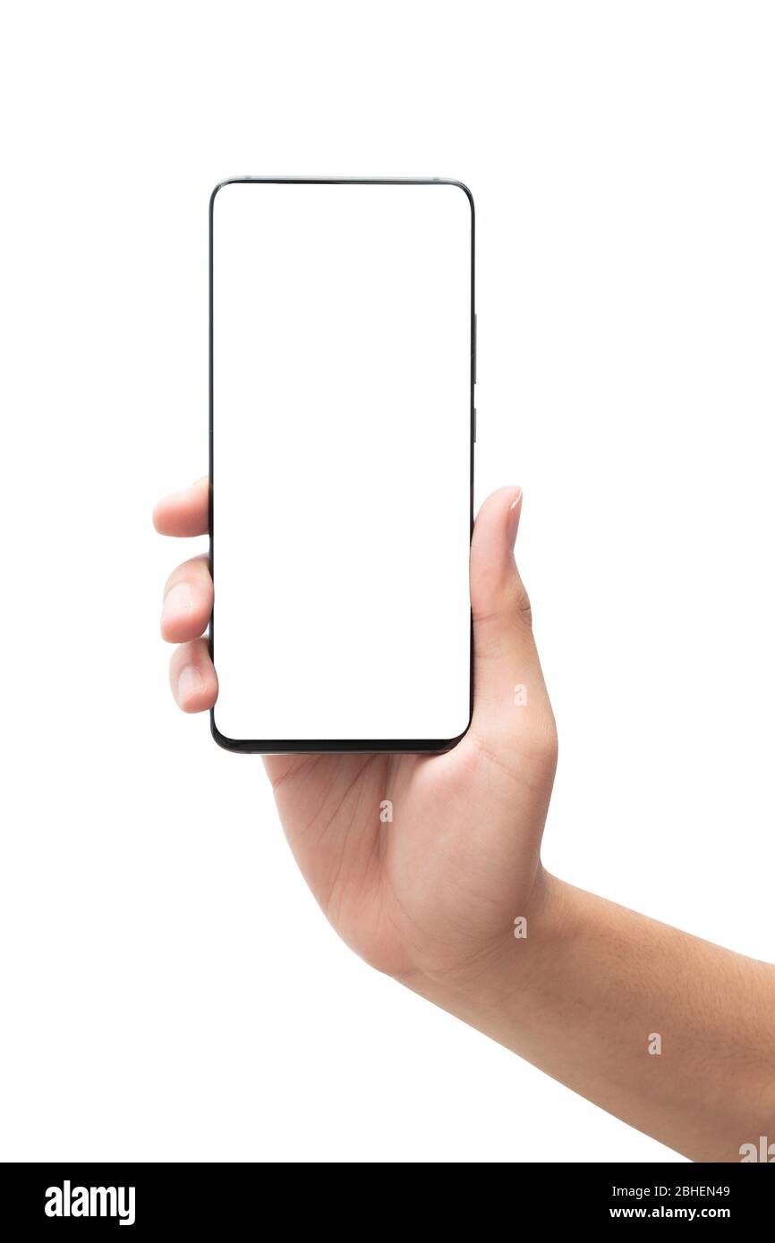 Male hand holding the black smartphone with blank screen isolated on ...