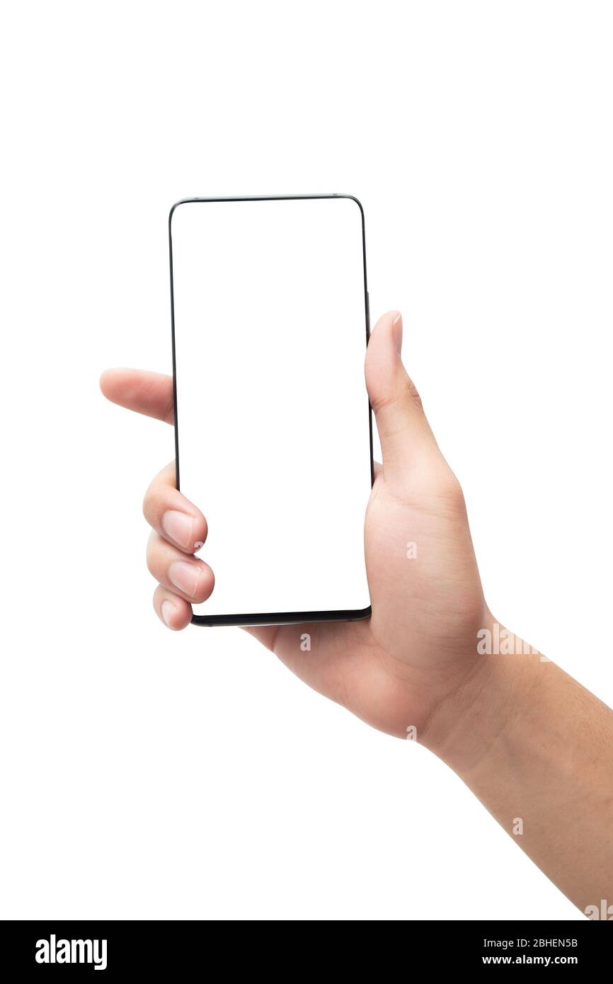 Male hand holding the black smartphone with blank screen isolated on ...