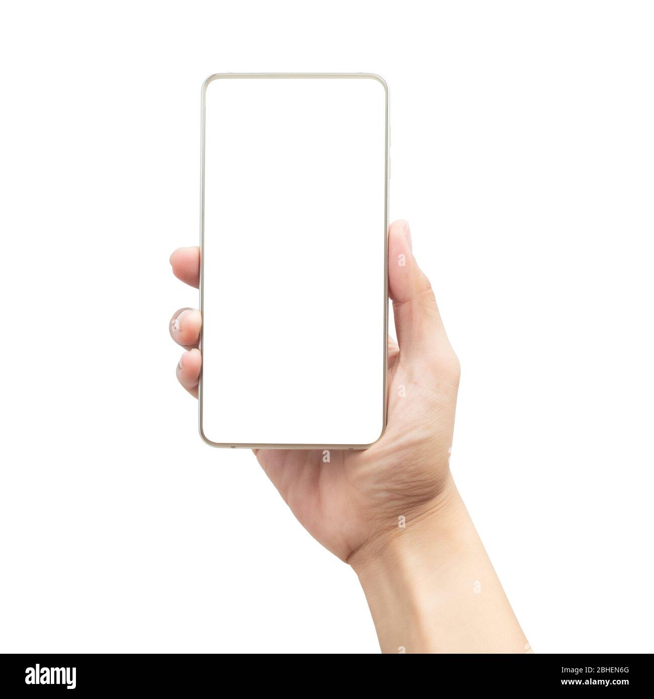 Male hand holding the gold smartphone with blank screen isolated on ...