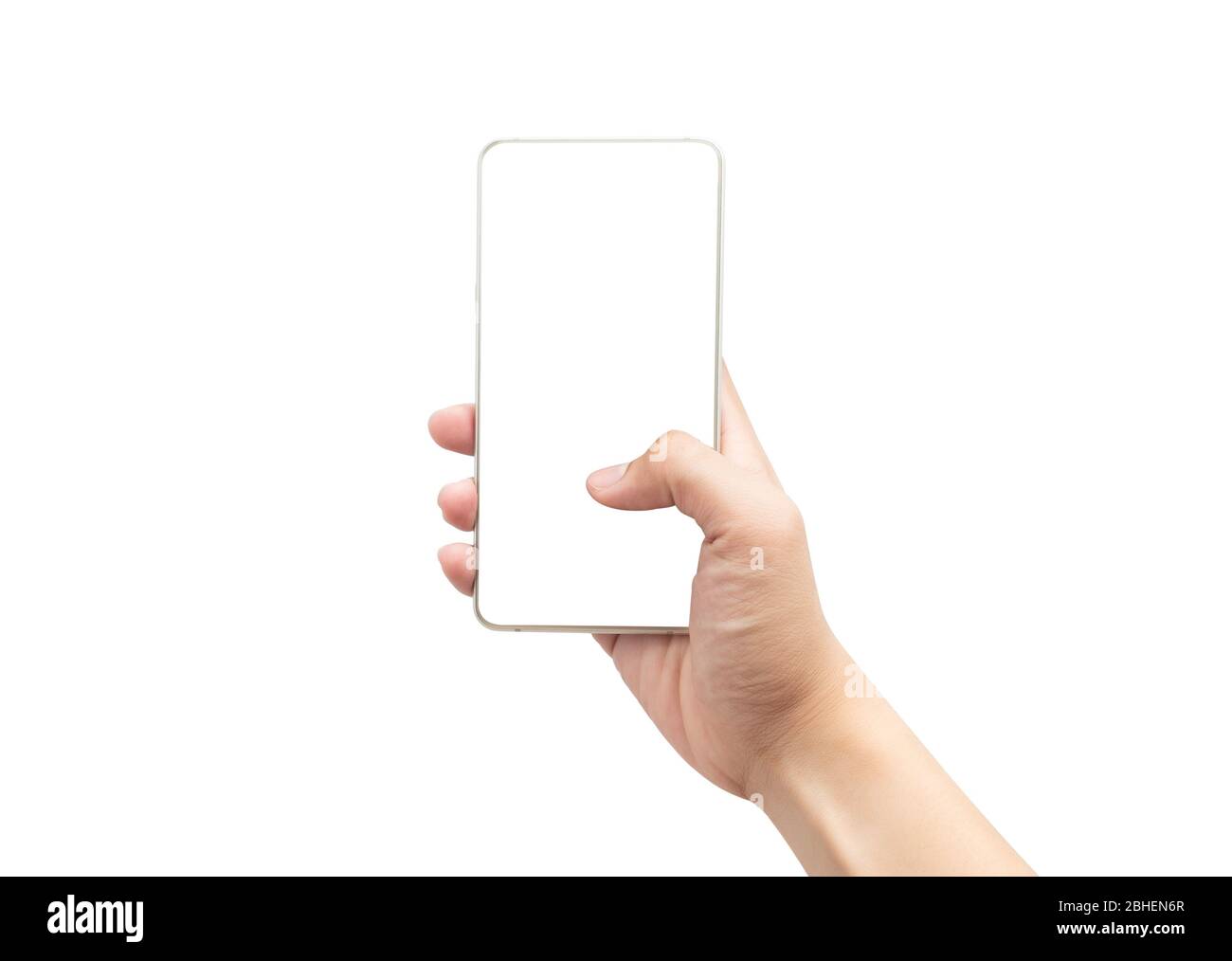 Male hand holding the gold smartphone and touching blank screen ...