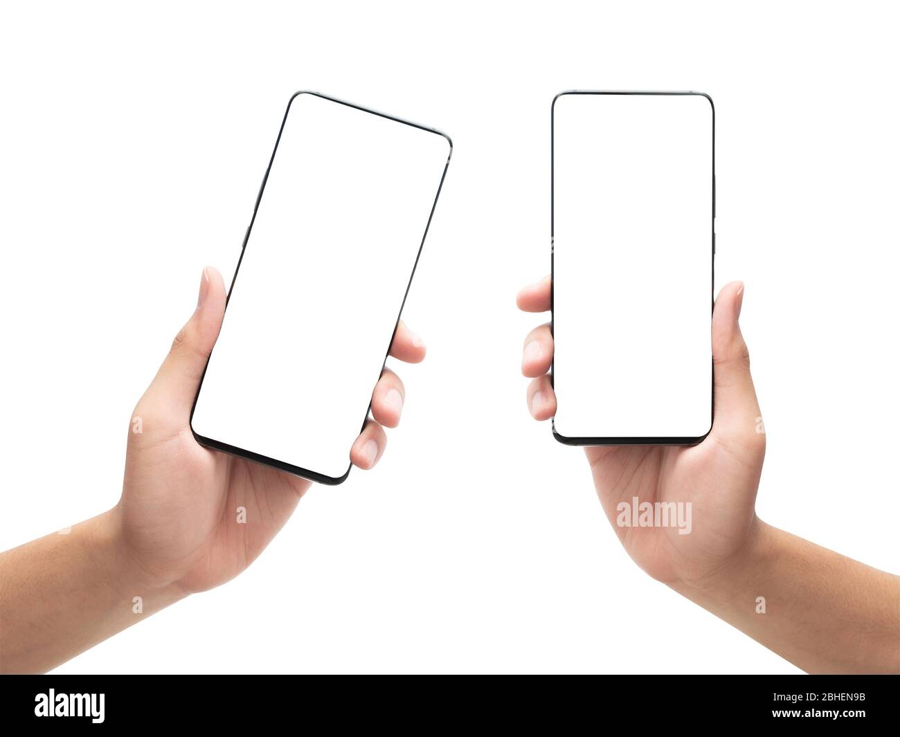 Set of male hand holding the black smartphone with blank screen ...