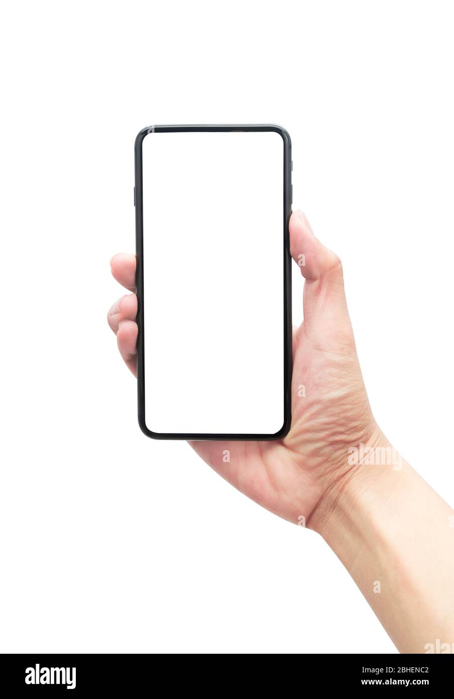 Male hand holding the black smartphone with blank screen isolated on ...