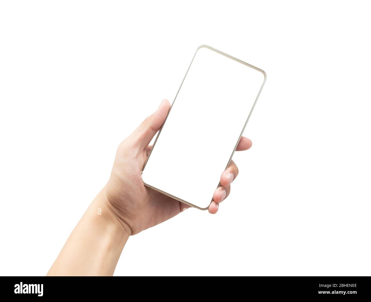 Male hand holding the gold smartphone with blank screen isolated on ...