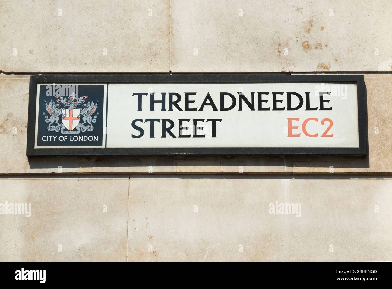 Threadneedle Street sign in the City of London, on the wall of the Bank of England. London EC2. London. UK. (118) Stock Photo