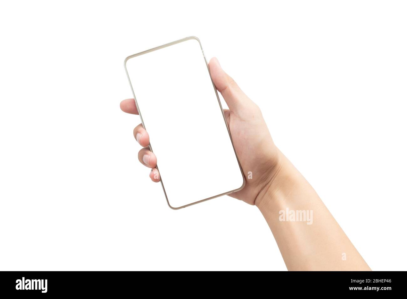 Male hand holding the gold smartphone with blank screen isolated on ...