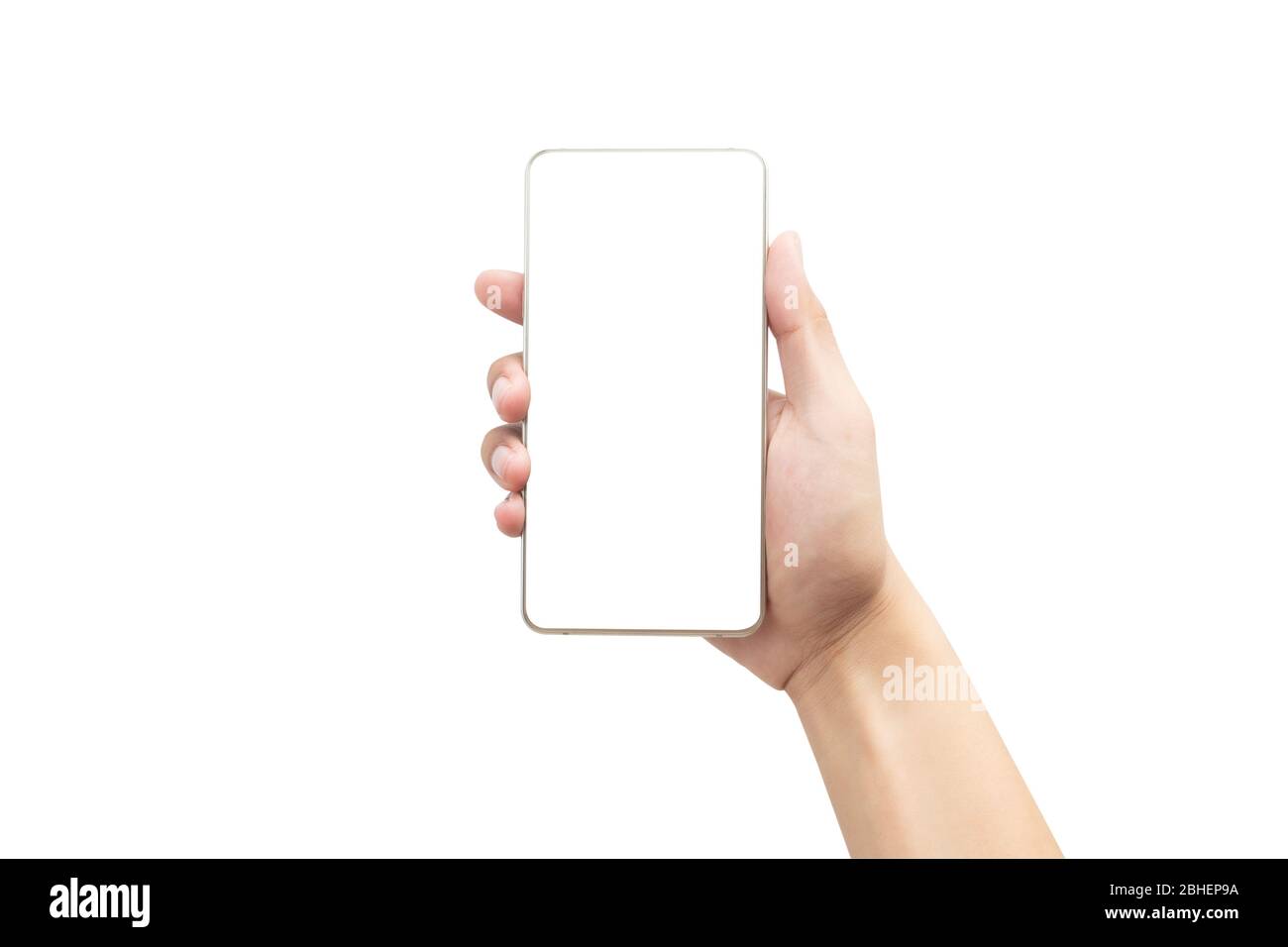 Male hand holding the gold smartphone with blank screen isolated on ...
