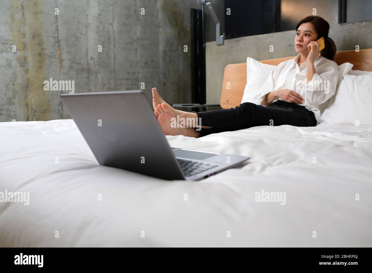 girl work at home on call Stock Photo